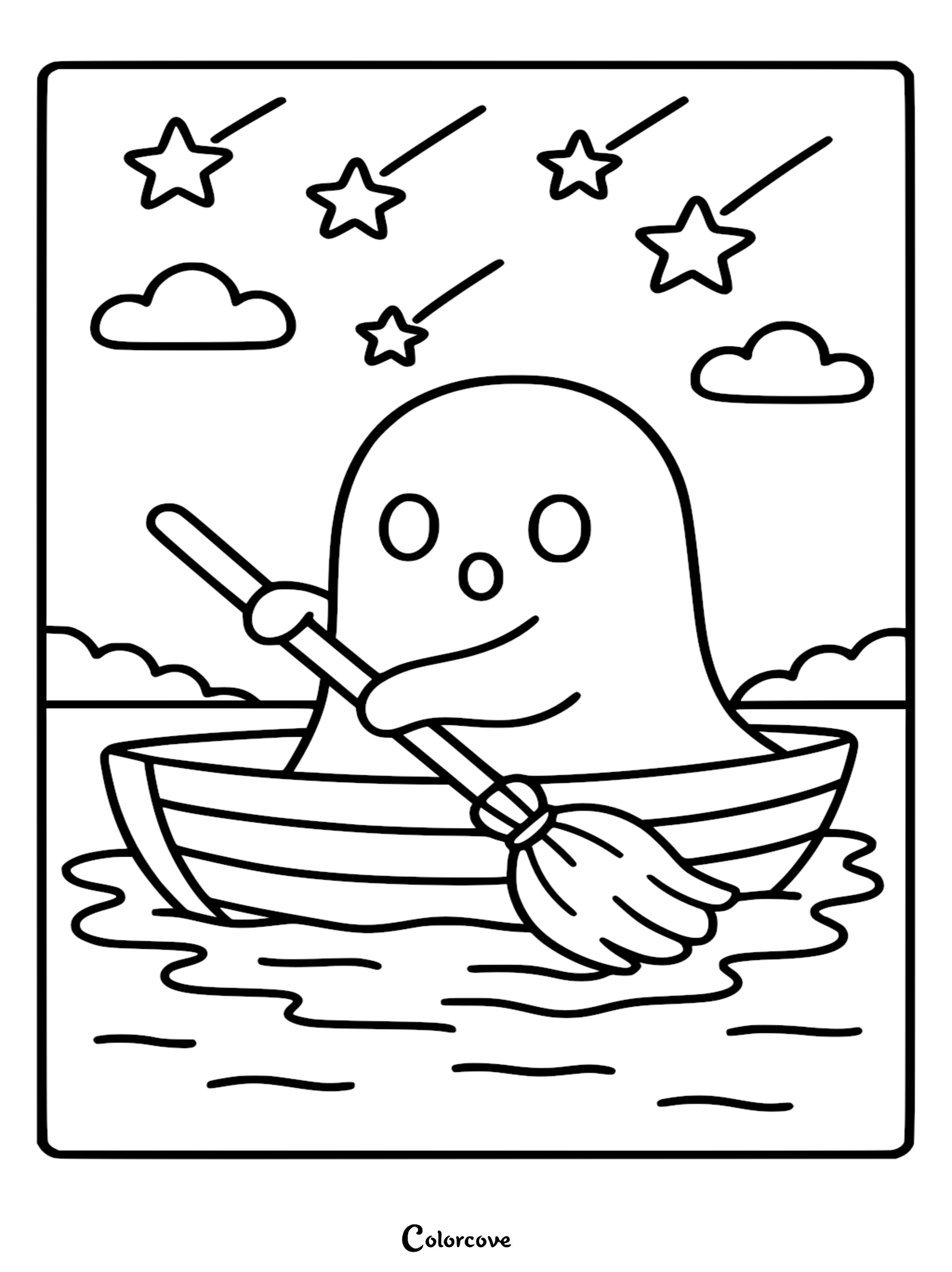 A cute ghost rowing a small wooden boat with an oar under a night sky filled with shooting stars and fluffy clouds, black and white coloring page.