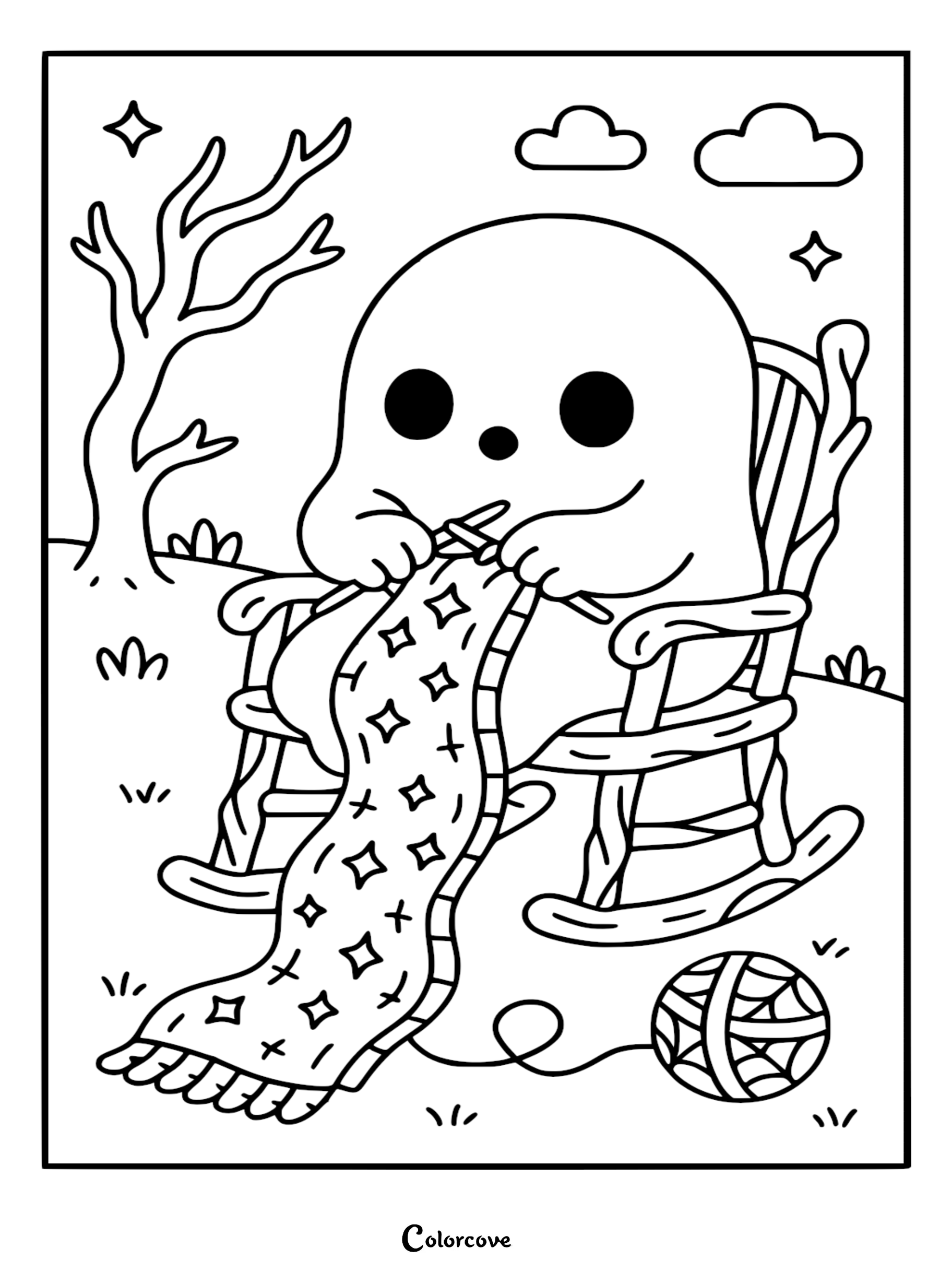 A free cute ghost sitting in a wooden rocking chair knitting a long scarf covered in star patterns, with a ball of yarn on the grass in a night scene coloring page.