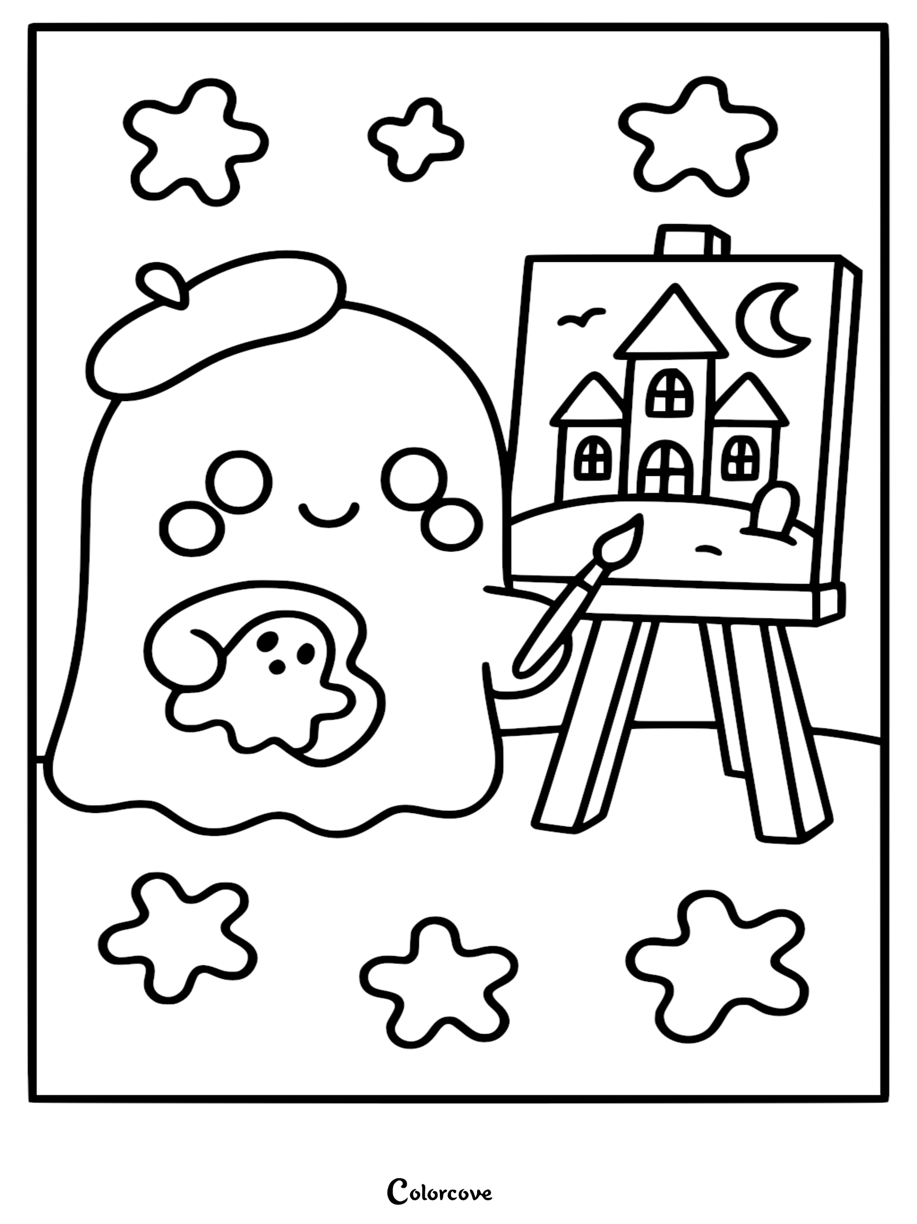 A cute ghost artist wearing a beret painting a haunted house on a canvas, coloring page design.