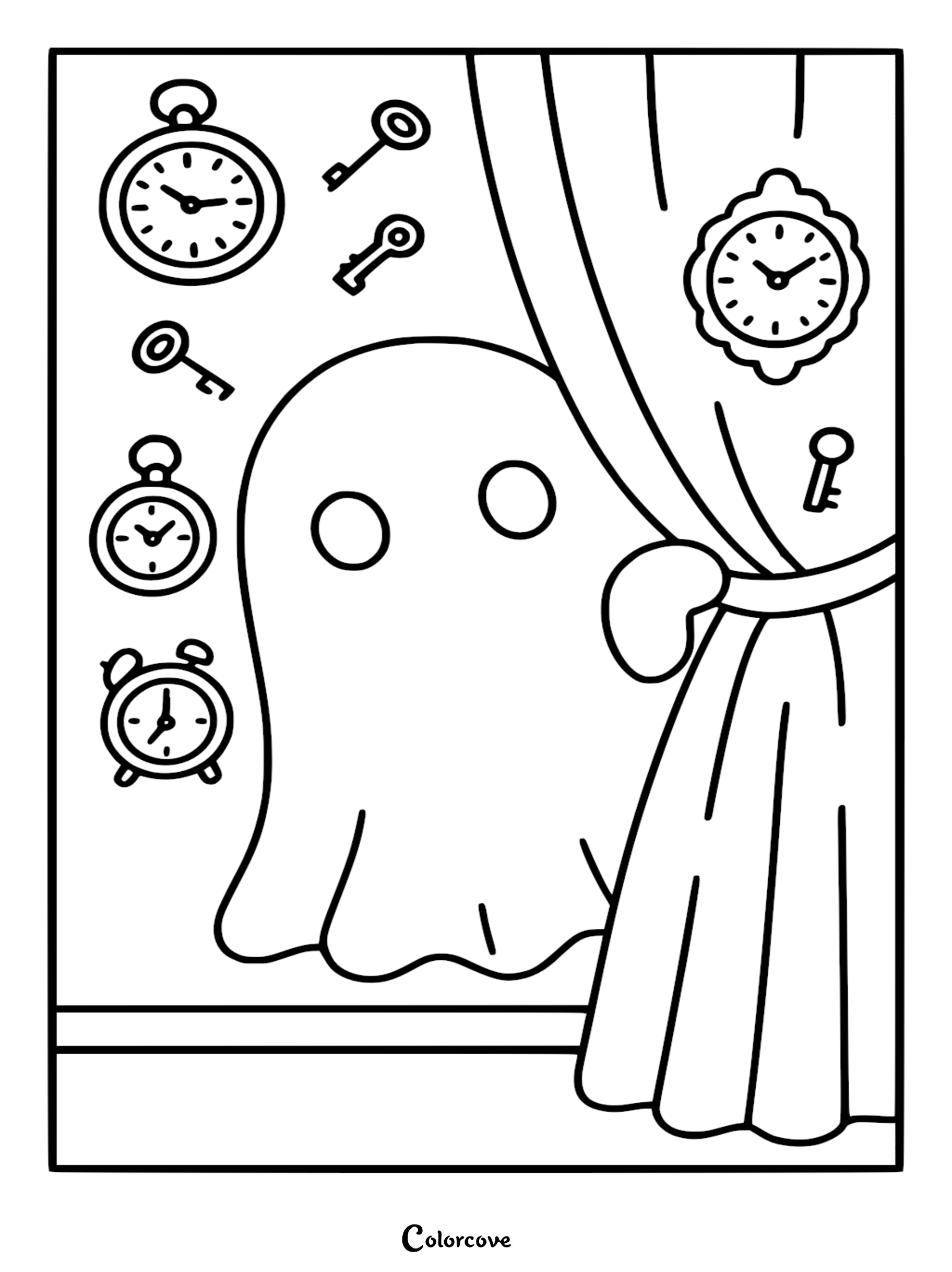 A printable coloring page featuring a cute ghost surrounded by various vintage pocket watches, alarm clocks, and skeleton keys near a draped curtain.