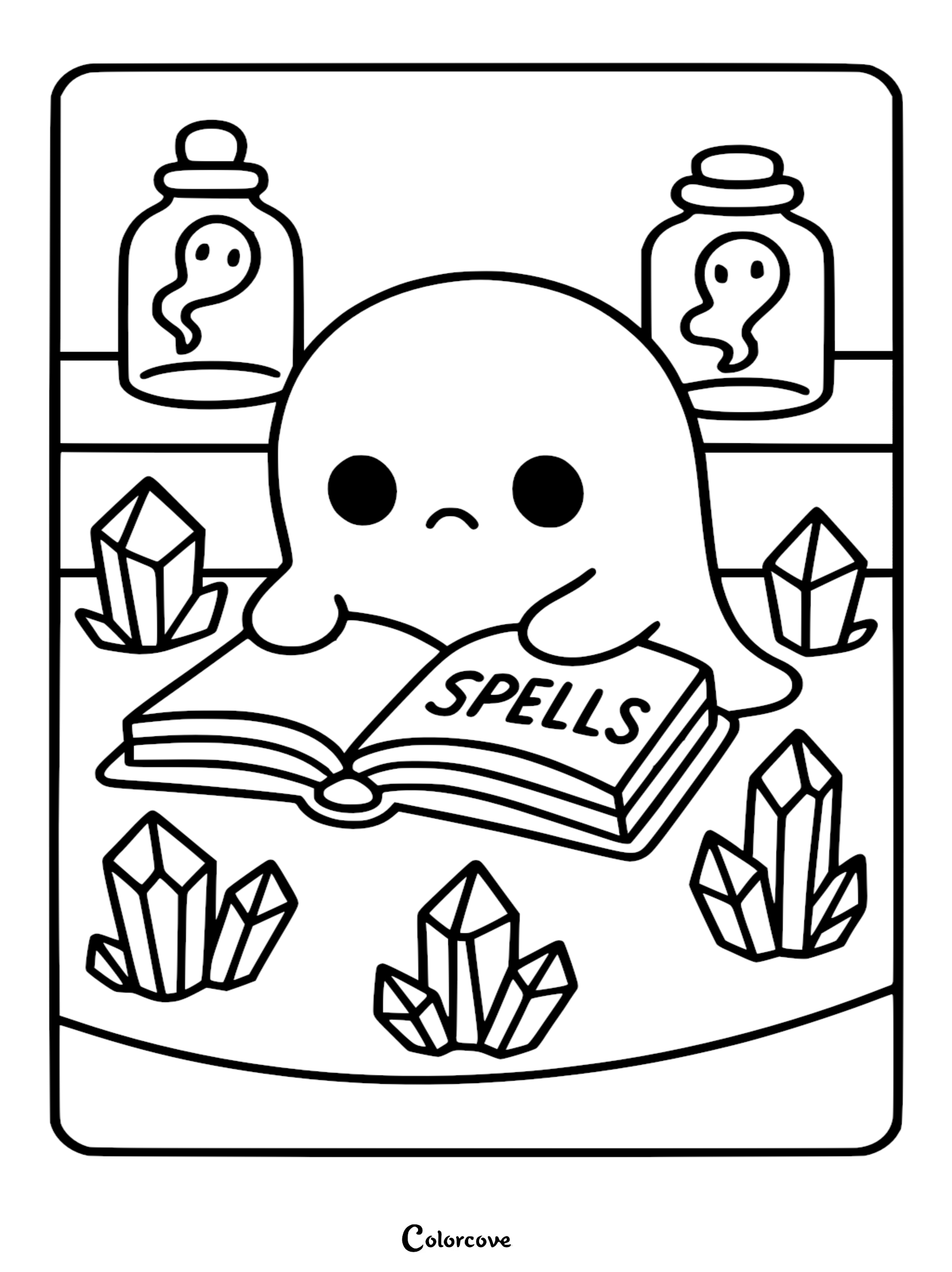 A cute ghost reading a spell book surrounded by crystals and two small ghosts trapped in glass jars in this printable coloring page.