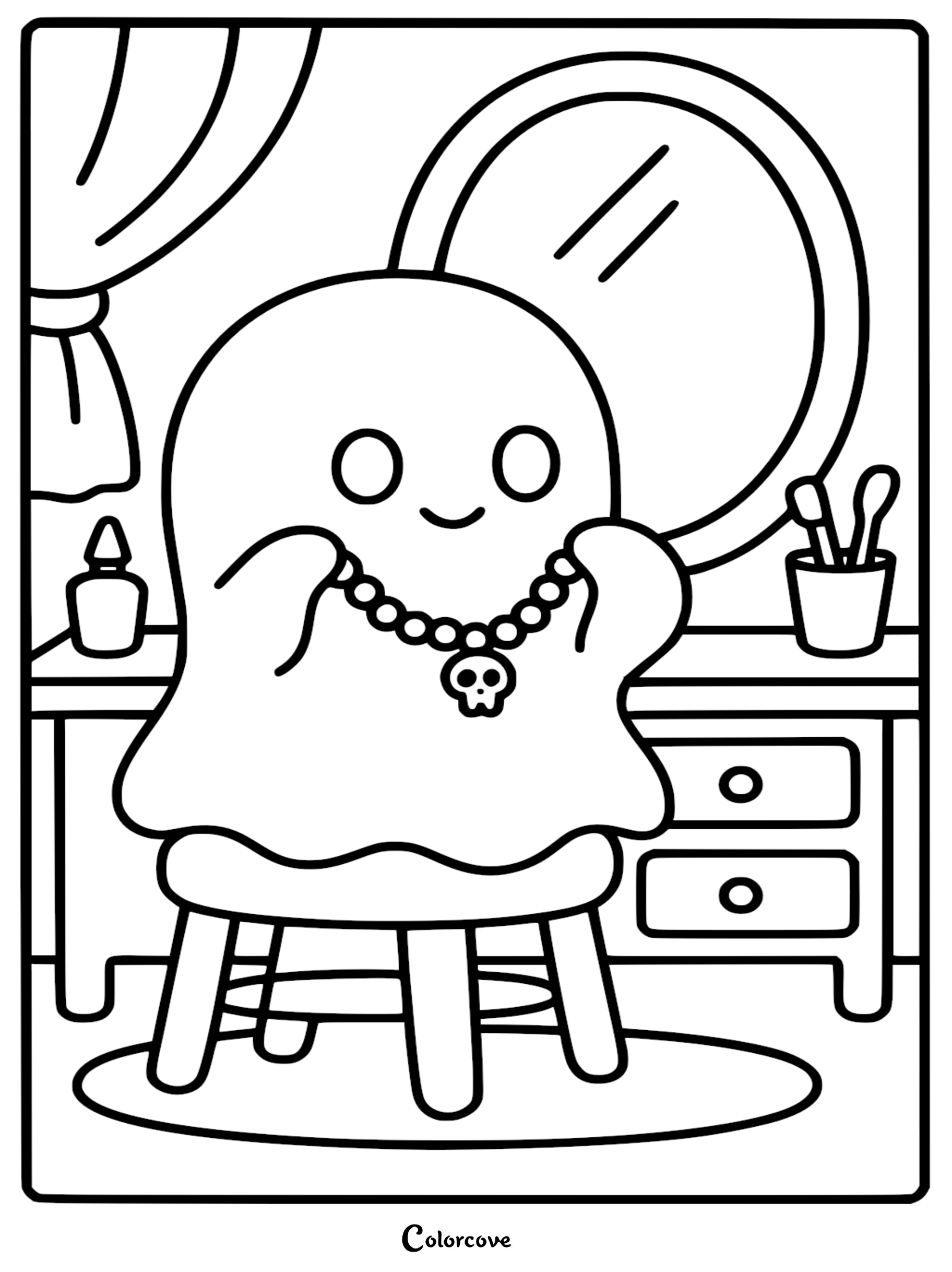 A cute ghost sitting on a vanity stool, holding up a skull-pendant necklace in front of a mirror, outlined coloring page.