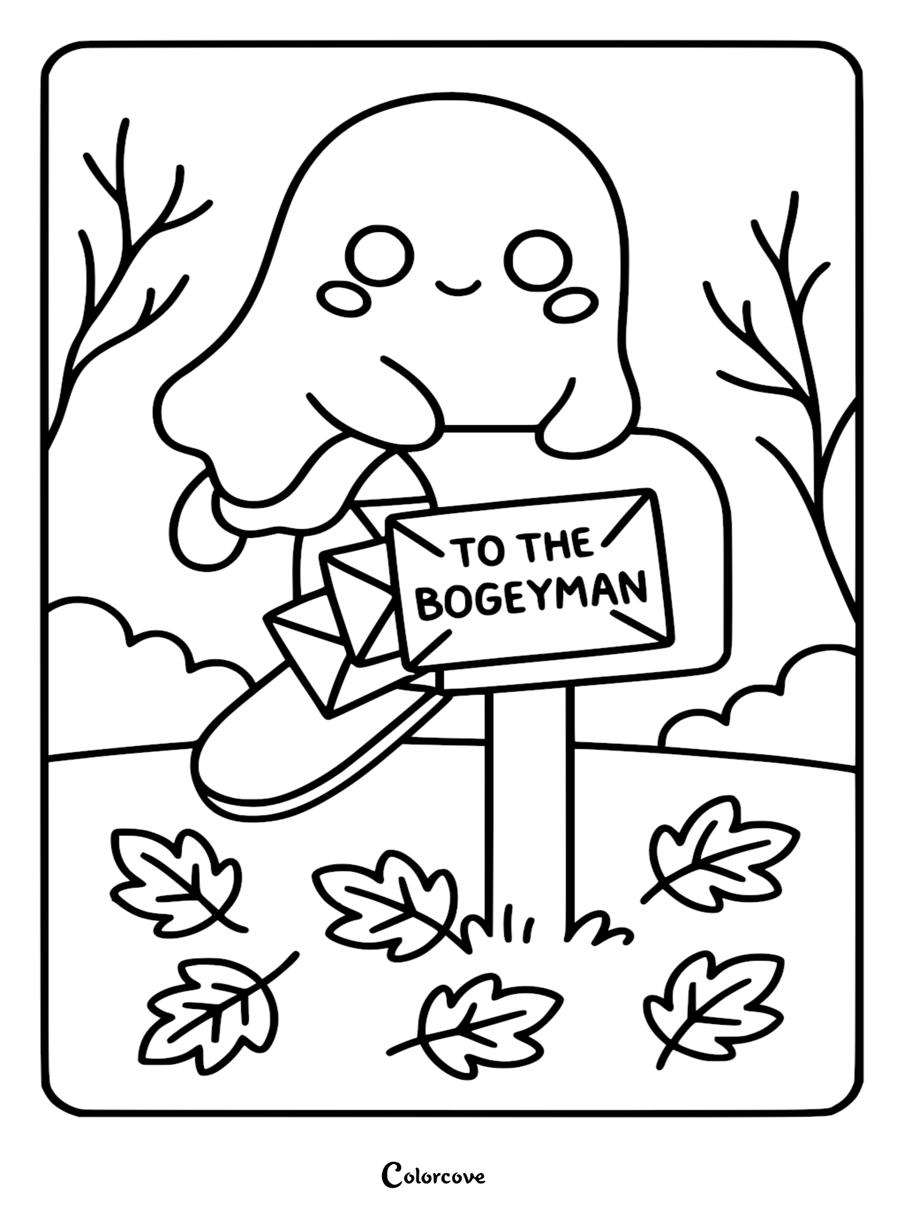 A free cute ghost coloring page featuring a spectral character placing a letter addressed to the Bogeyman into a mailbox surrounded by autumn leaves.