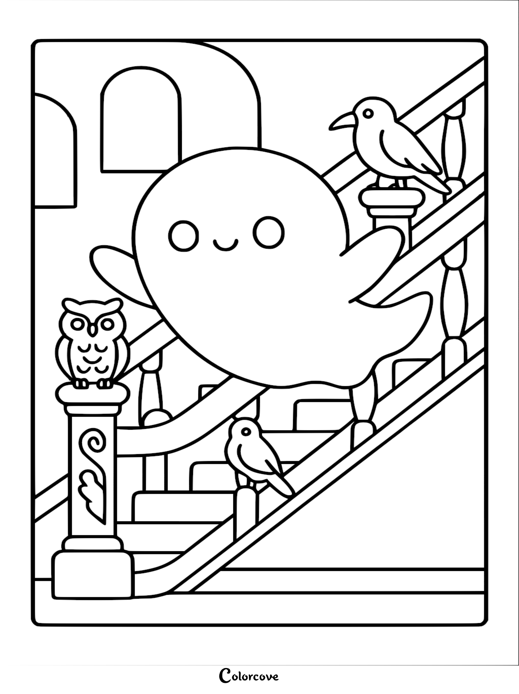 A cute ghost floating near an owl and crow on a grand indoor staircase in this detailed line art coloring page.