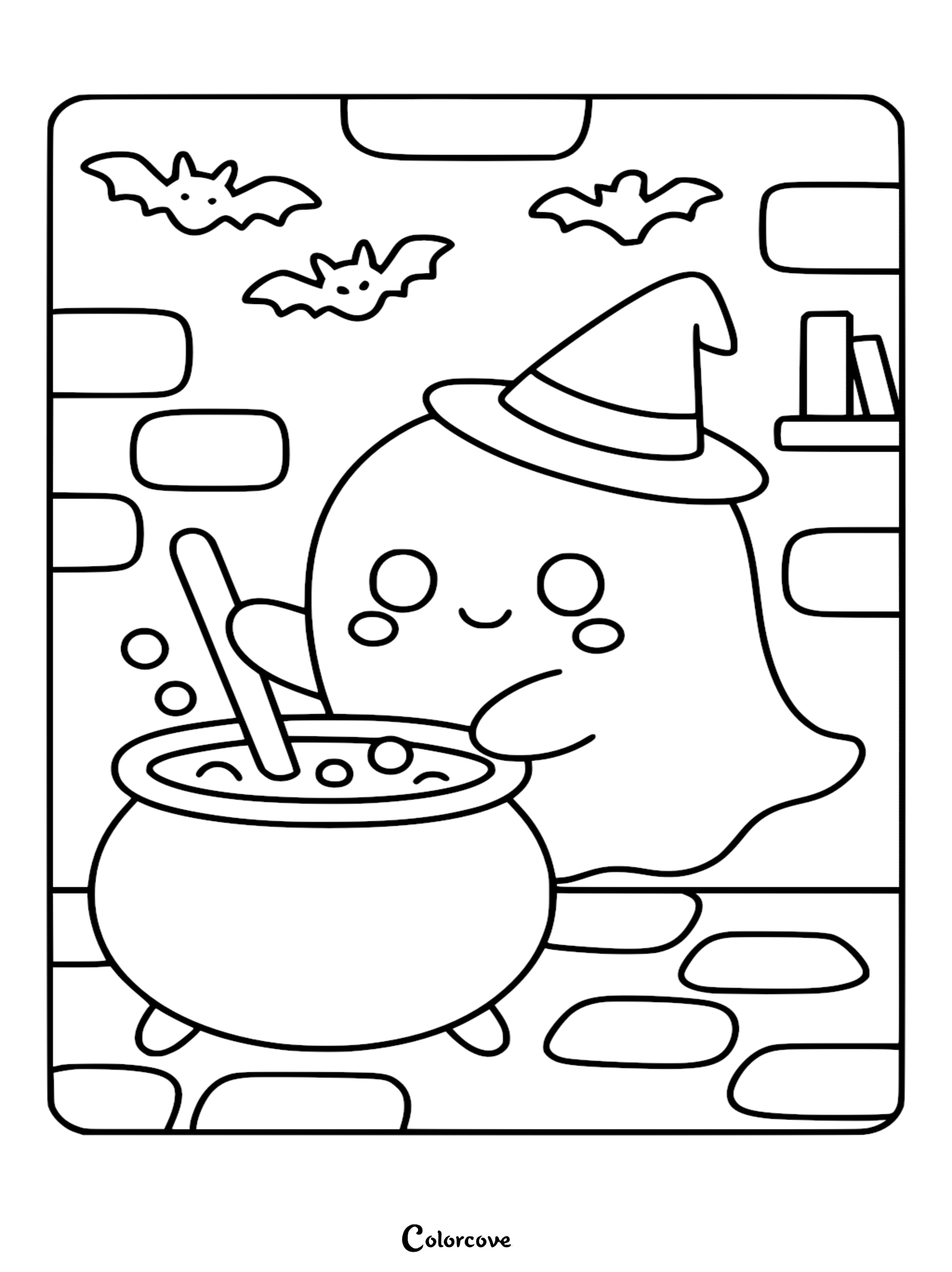 Cute ghost wearing a witch hat stirring a bubbling cauldron, with bats flying in a stone brick room, printable coloring page.