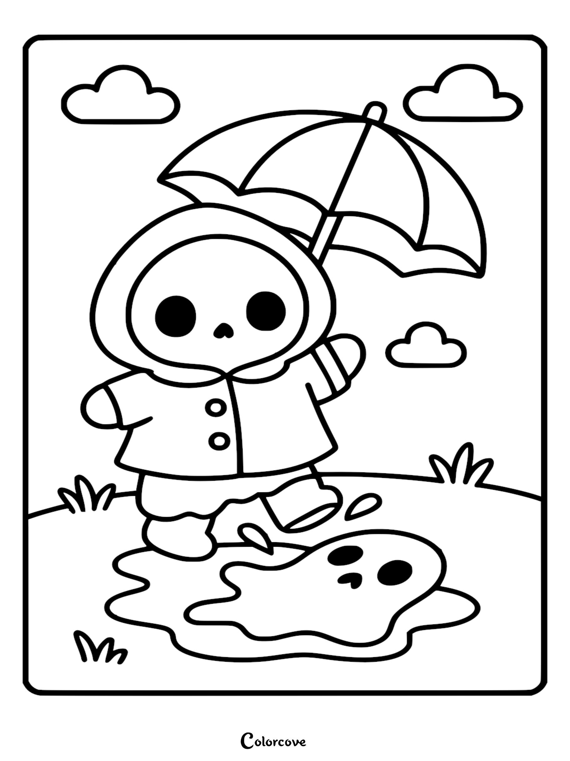 A cute ghost wearing a yellow raincoat and boots holding an umbrella while stepping into a puddle that contains a ghostly reflection, black and white coloring page style.