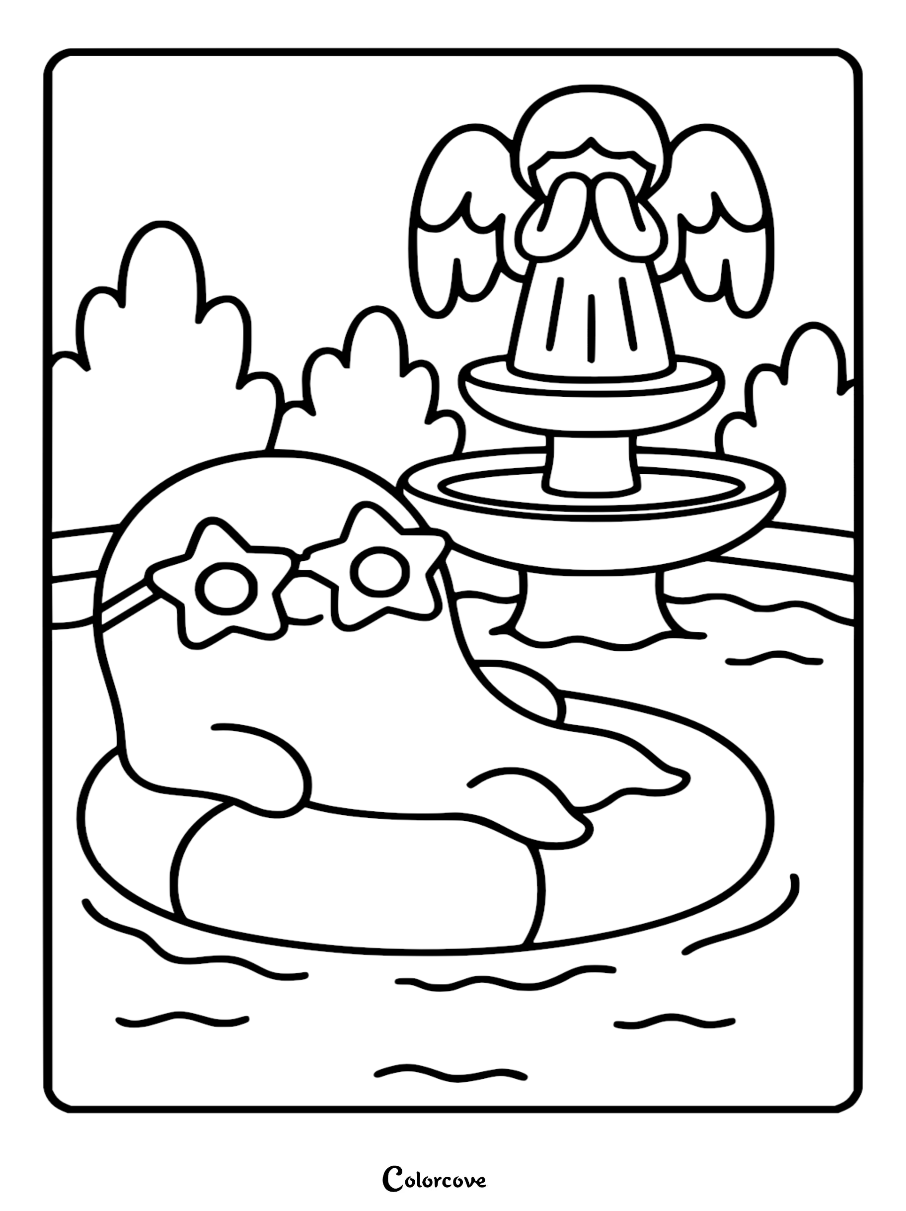 A cute ghost wearing star-shaped sunglasses floating on an inner tube in front of an angel fountain, line art coloring page.