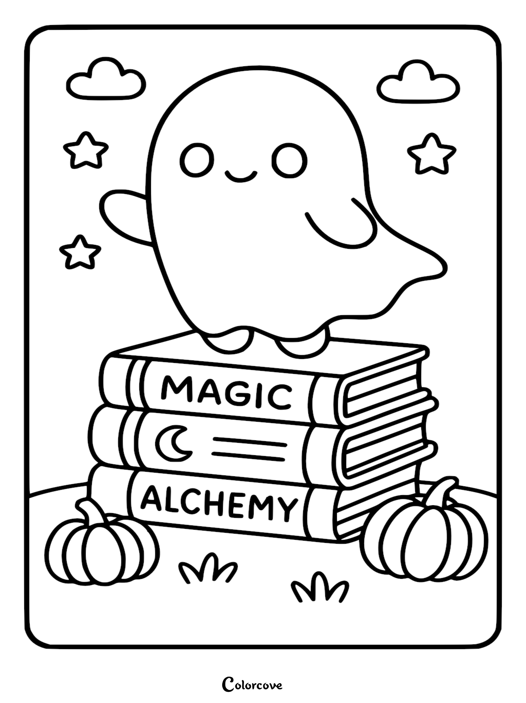 A printable coloring page featuring a cute ghost perched on a stack of books labeled Magic and Alchemy, surrounded by pumpkins, clouds, and stars.