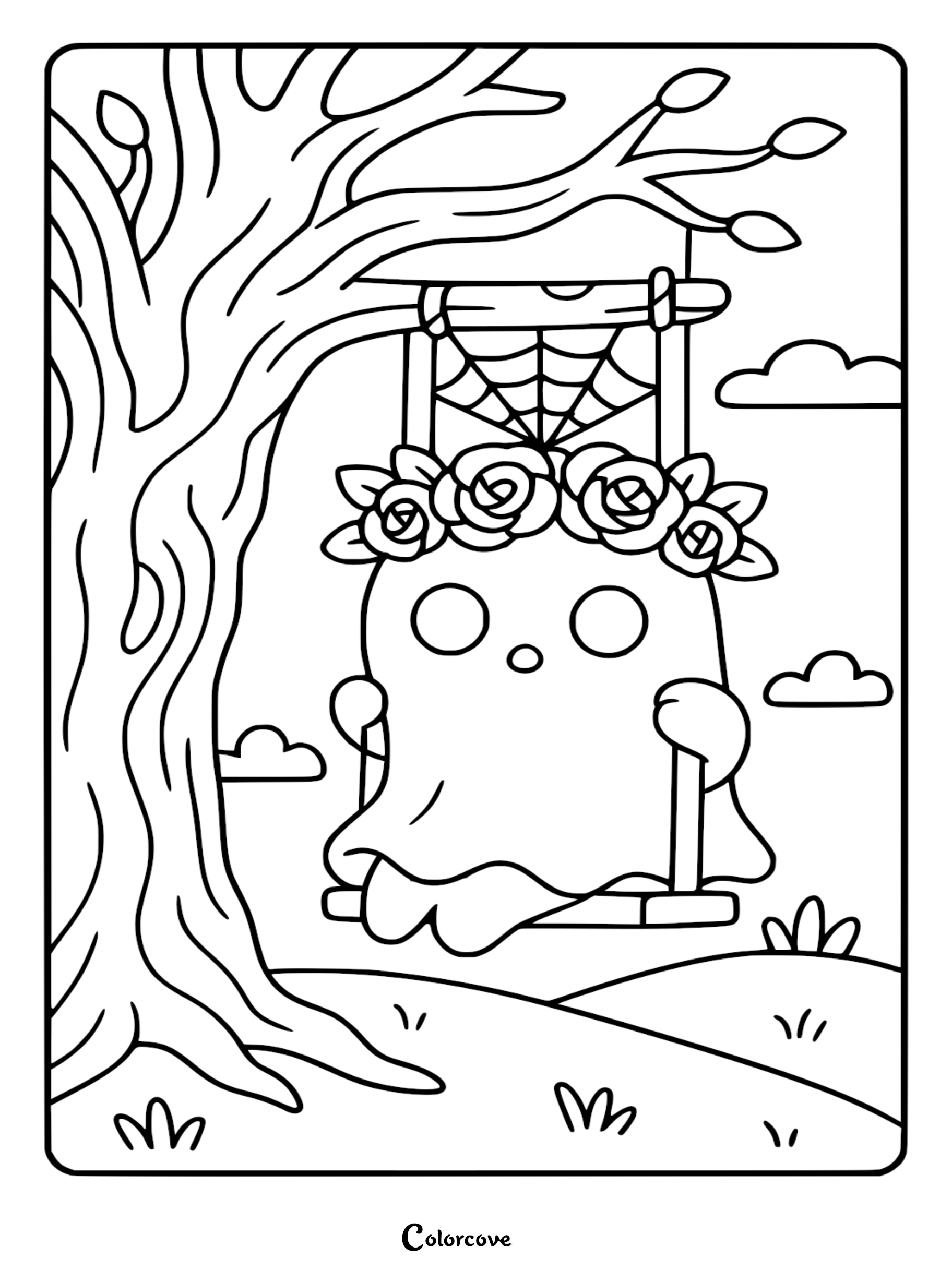 A cute ghost wearing a rose flower crown sitting on a wooden swing suspended from a gnarled tree in this printable coloring page.