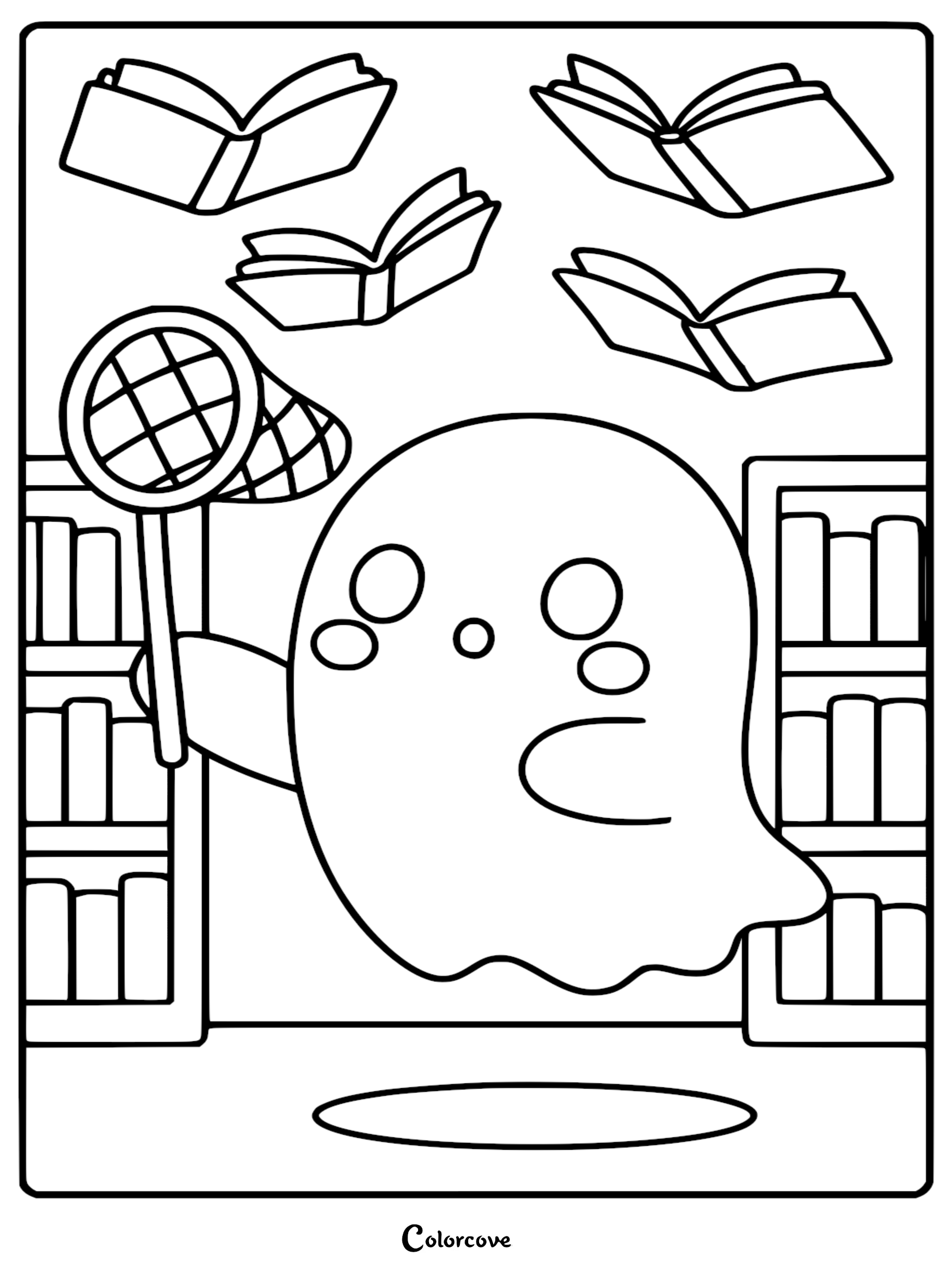 A cute ghost holding a butterfly net catching flying books in a library, simple line art coloring page.