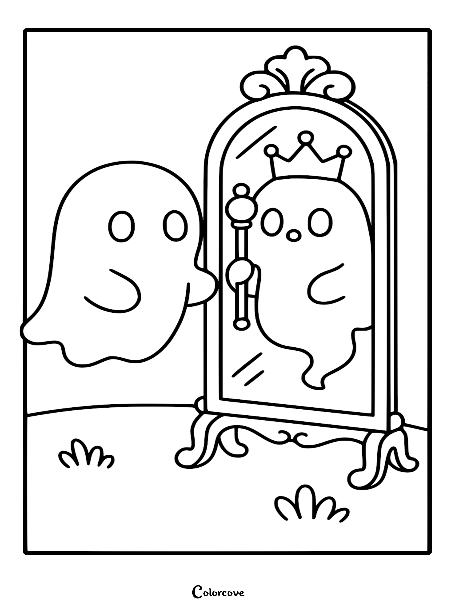 A cute ghost standing before a vintage ornate mirror, reflecting a ghostly king with a crown and scepter in this printable coloring page.
