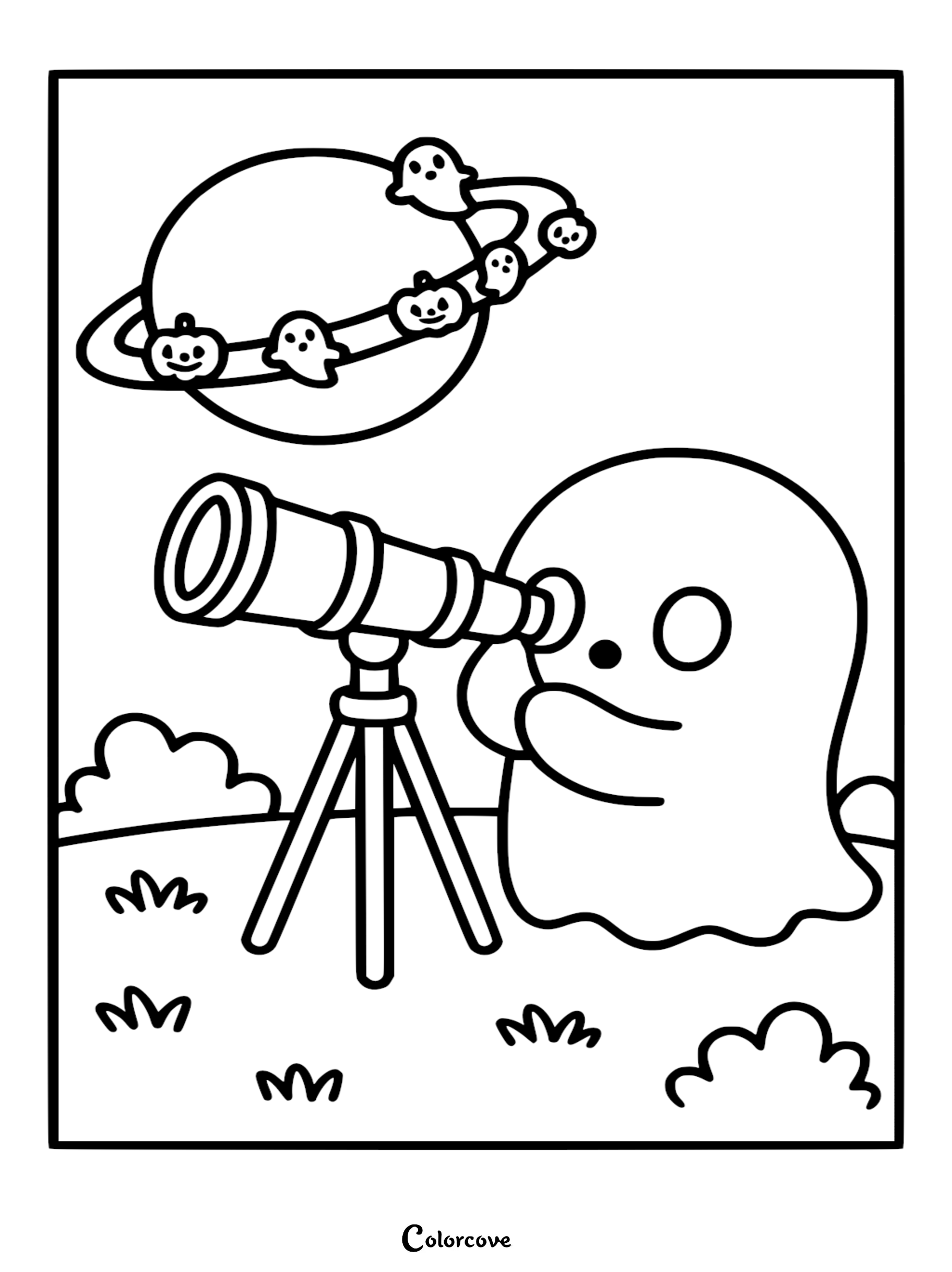 A cute ghost using a telescope to view a planet surrounded by small ghost and pumpkin rings in this line art coloring page.