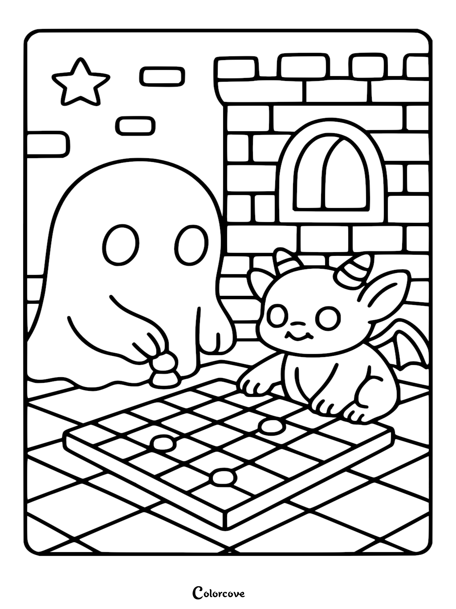 A cute ghost and a small horned demon playing checkers on a tiled floor in front of a brick wall in this free printable coloring page.