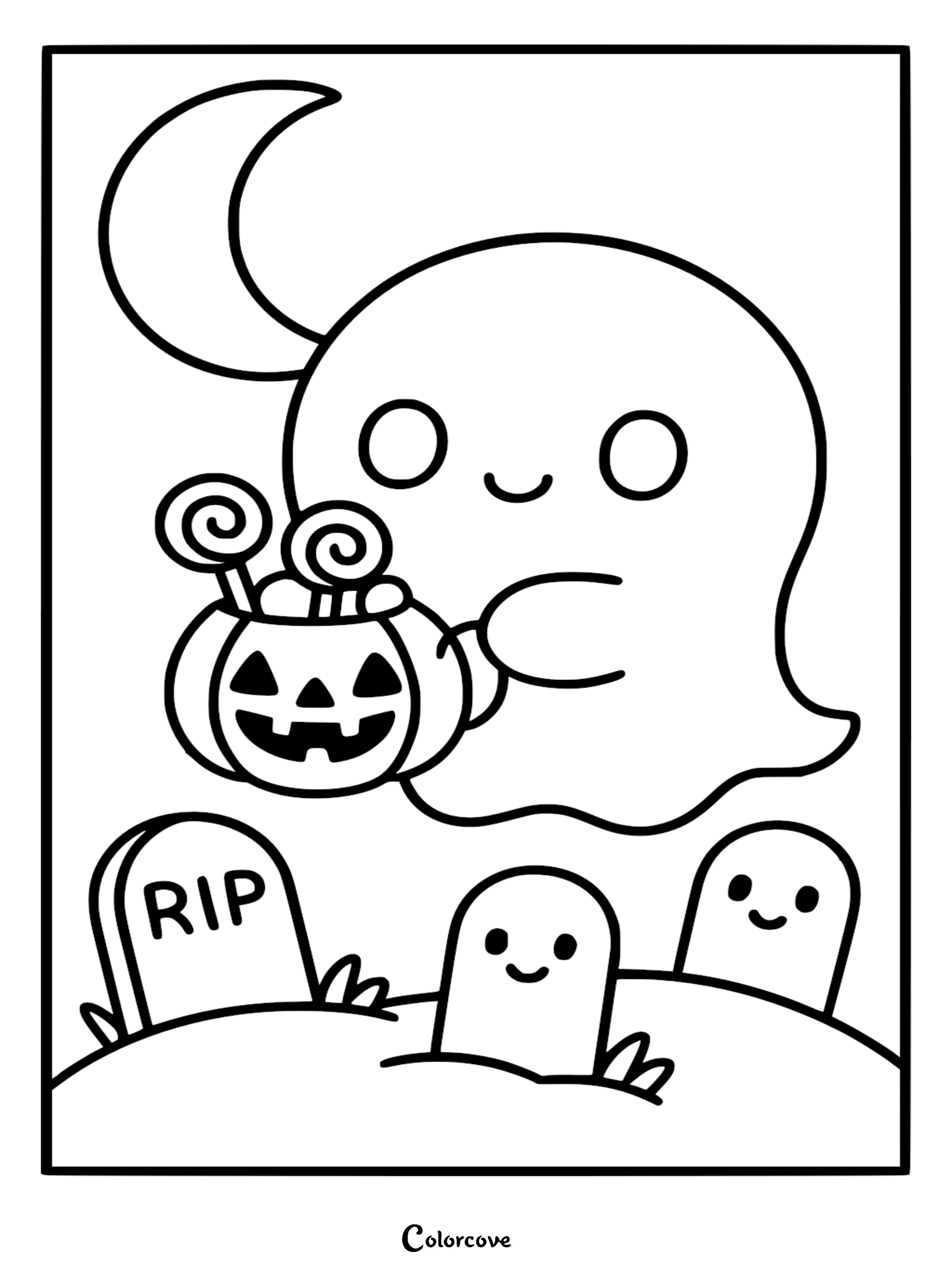 Cute ghost holding a jack-o'-lantern bucket filled with lollipops above a graveyard in this free printable coloring page.