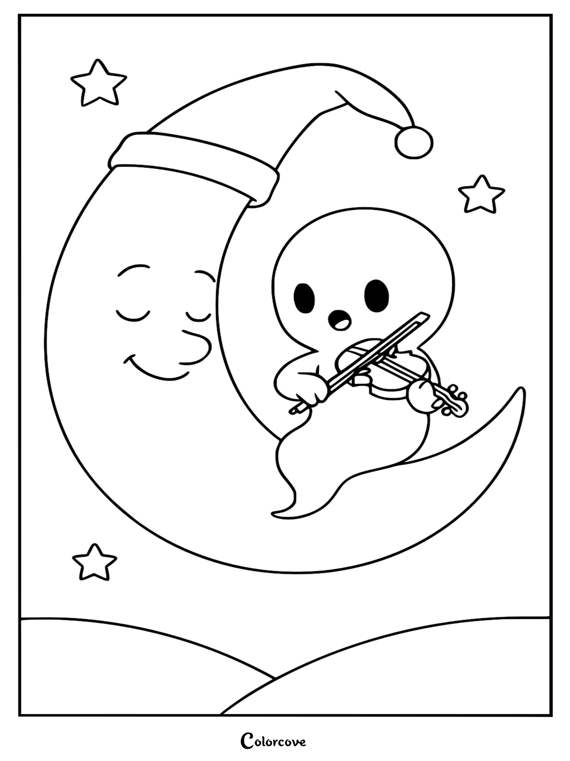 A cute ghost playing a violin while sitting on a smiling crescent moon, stars in the night sky coloring page.