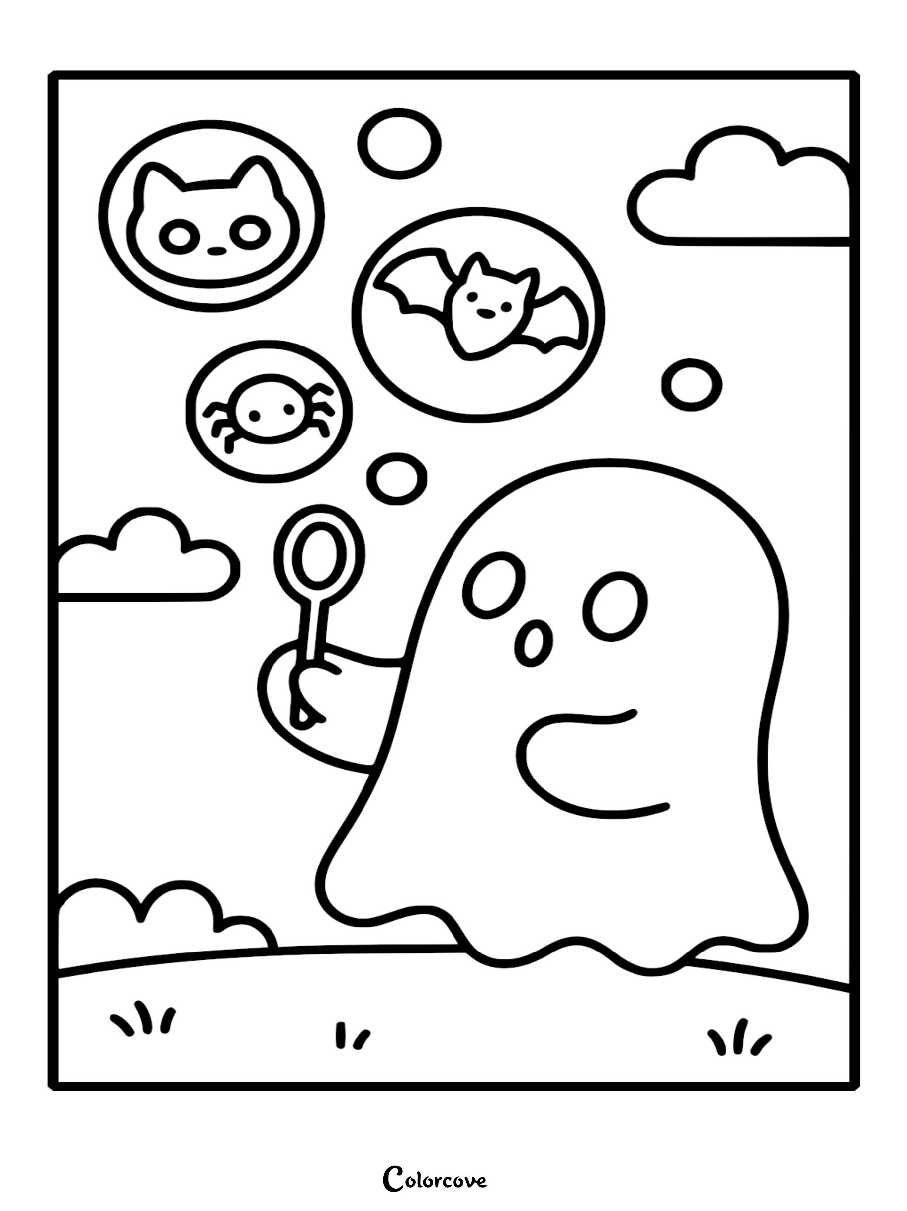 A cute ghost holding a bubble wand, blowing bubbles containing a cat, bat, and spider, perfect as a free coloring page.