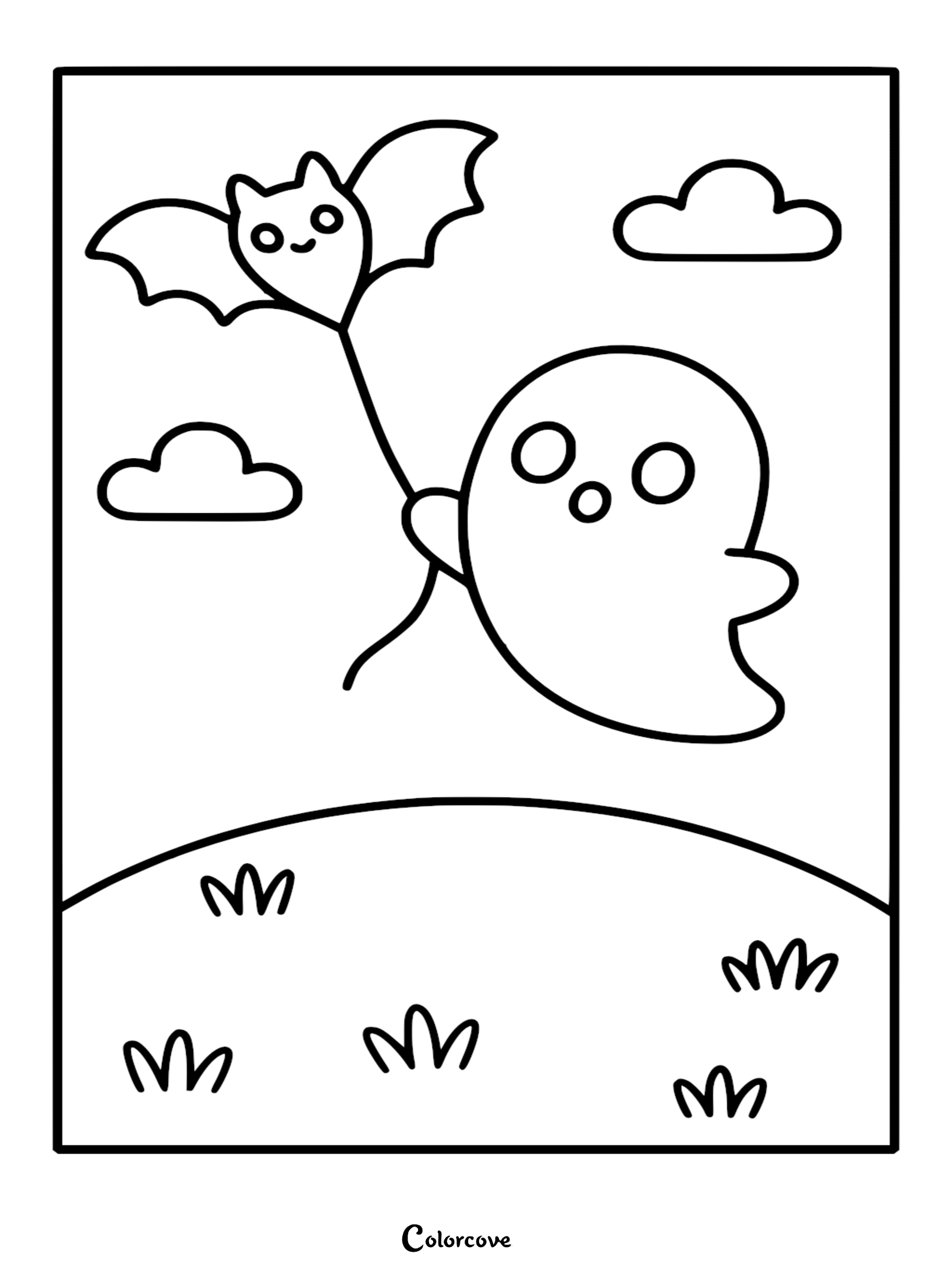 A simple line art coloring page of a cute round ghost holding a string attached to a happy bat-shaped kite, floating over a grassy hill with fluffy clouds in the sky.
