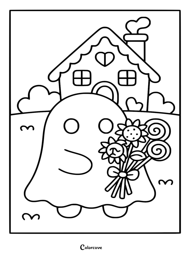 A printable coloring page of a cute ghost holding a bouquet of sunflowers and lollipops in front of a whimsical heart-adorned house.