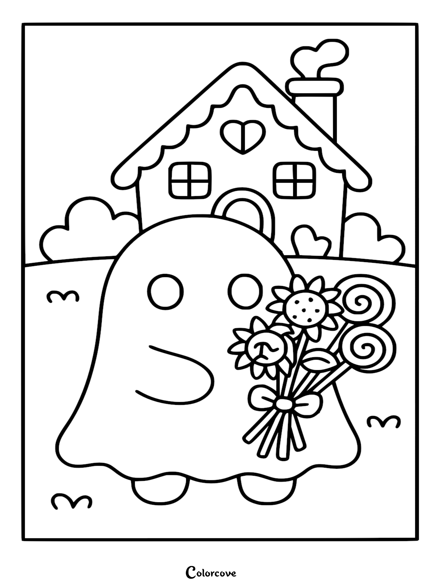 A printable coloring page of a cute ghost holding a bouquet of sunflowers and lollipops in front of a whimsical heart-adorned house.