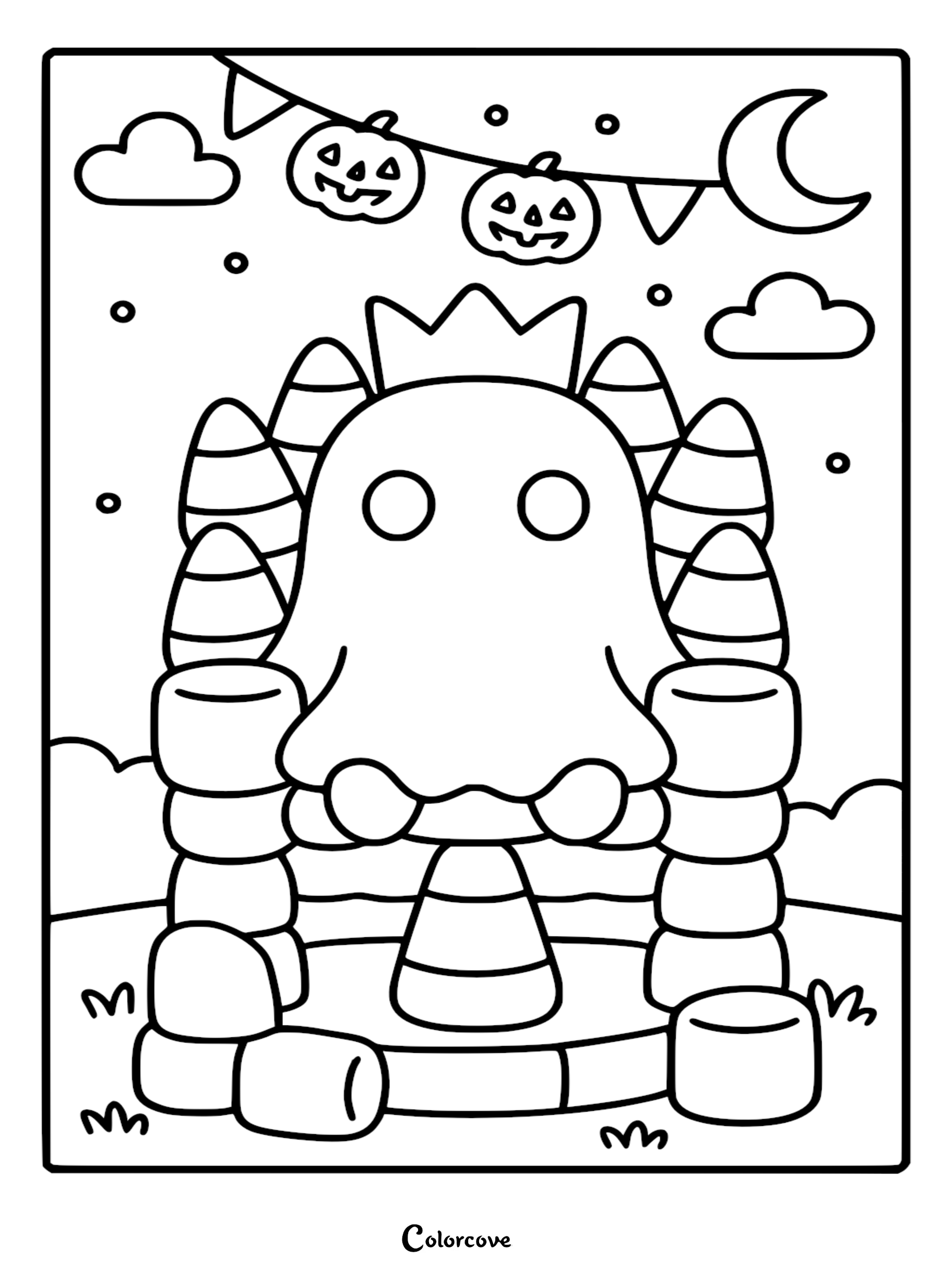 A cute ghost wearing a crown sitting on a throne made of candy corn under a night sky with jack-o'-lantern banners, black and white coloring page.