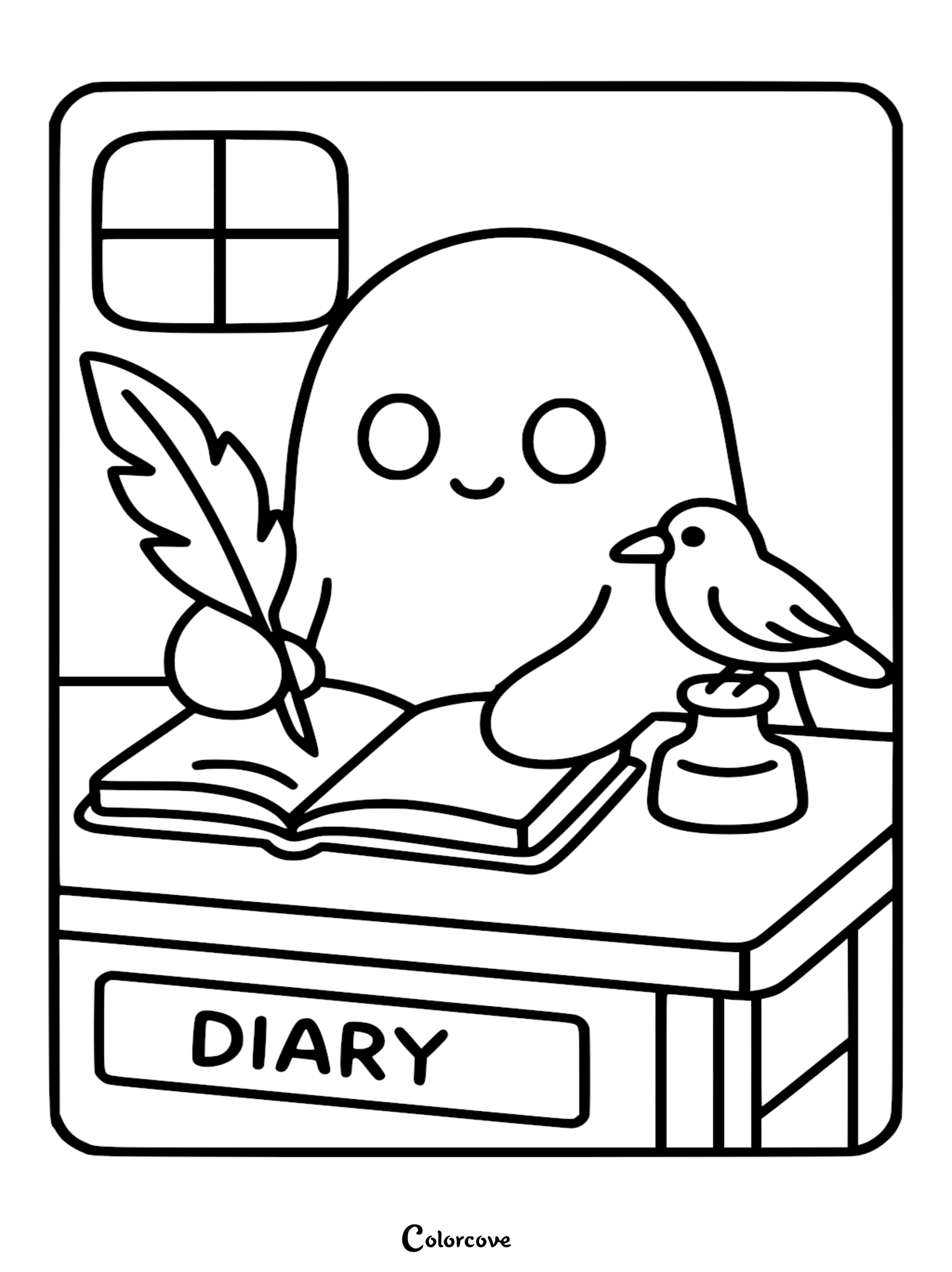 A cute ghost holding a feather quill and writing in a diary with a small bird sitting on an inkwell, available as a printable coloring page.