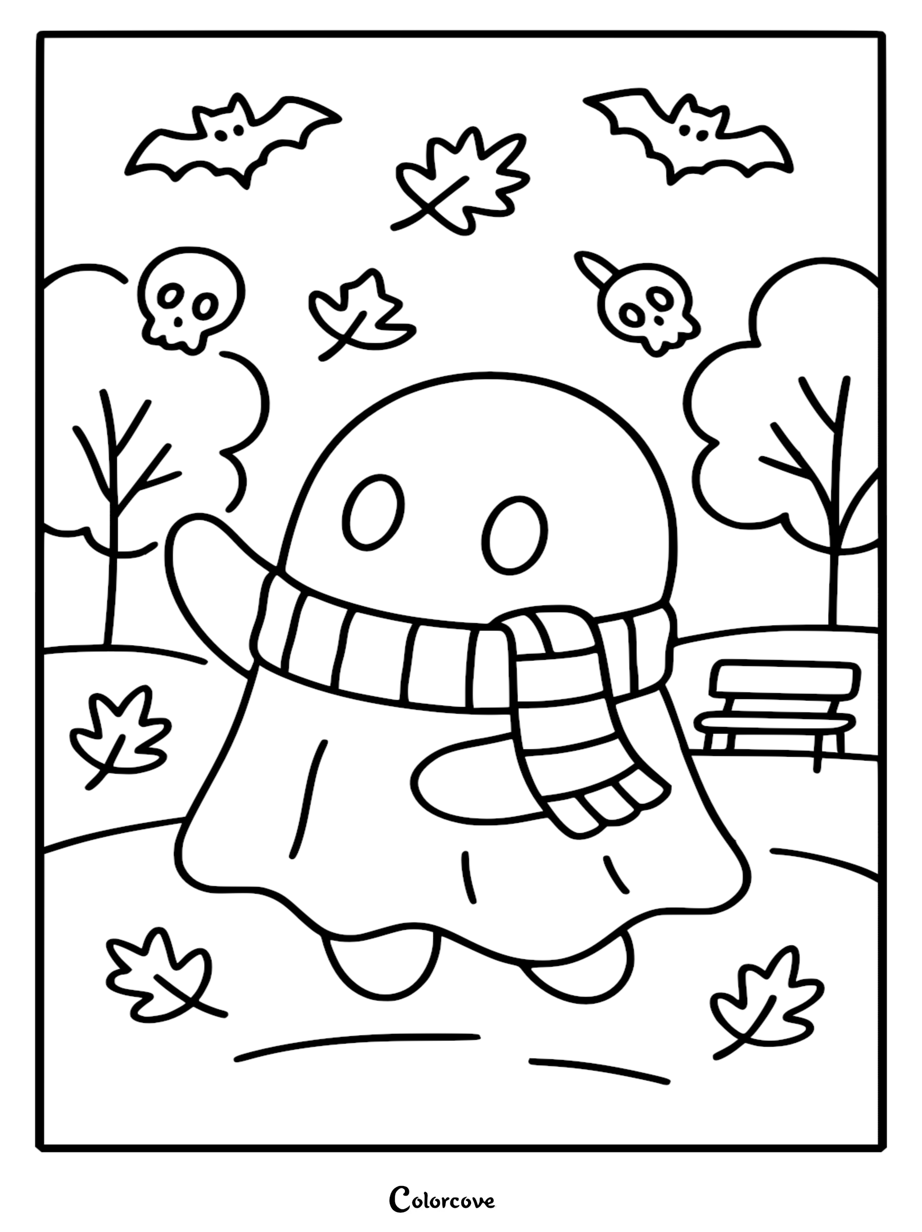 A cute ghost wearing a striped scarf in an autumn park, surrounded by falling maple leaves, bats, and small skulls on this printable coloring page.