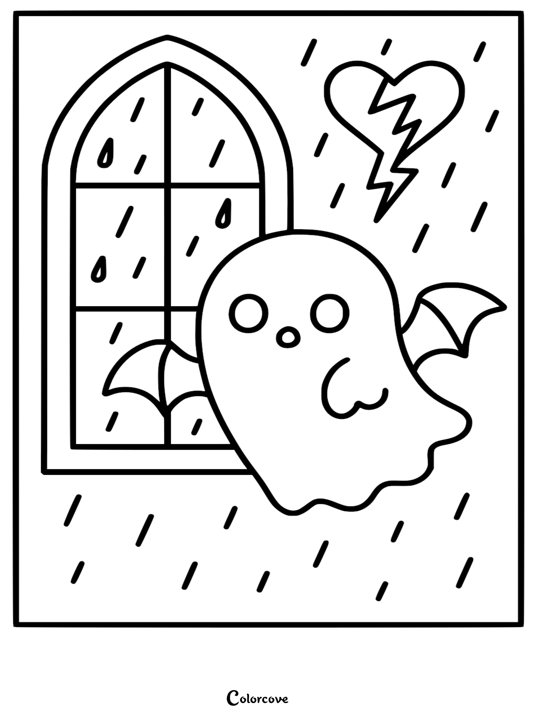 A cute ghost with bat wings floating outside a rainy arched window under a broken heart shape for a printable coloring page.