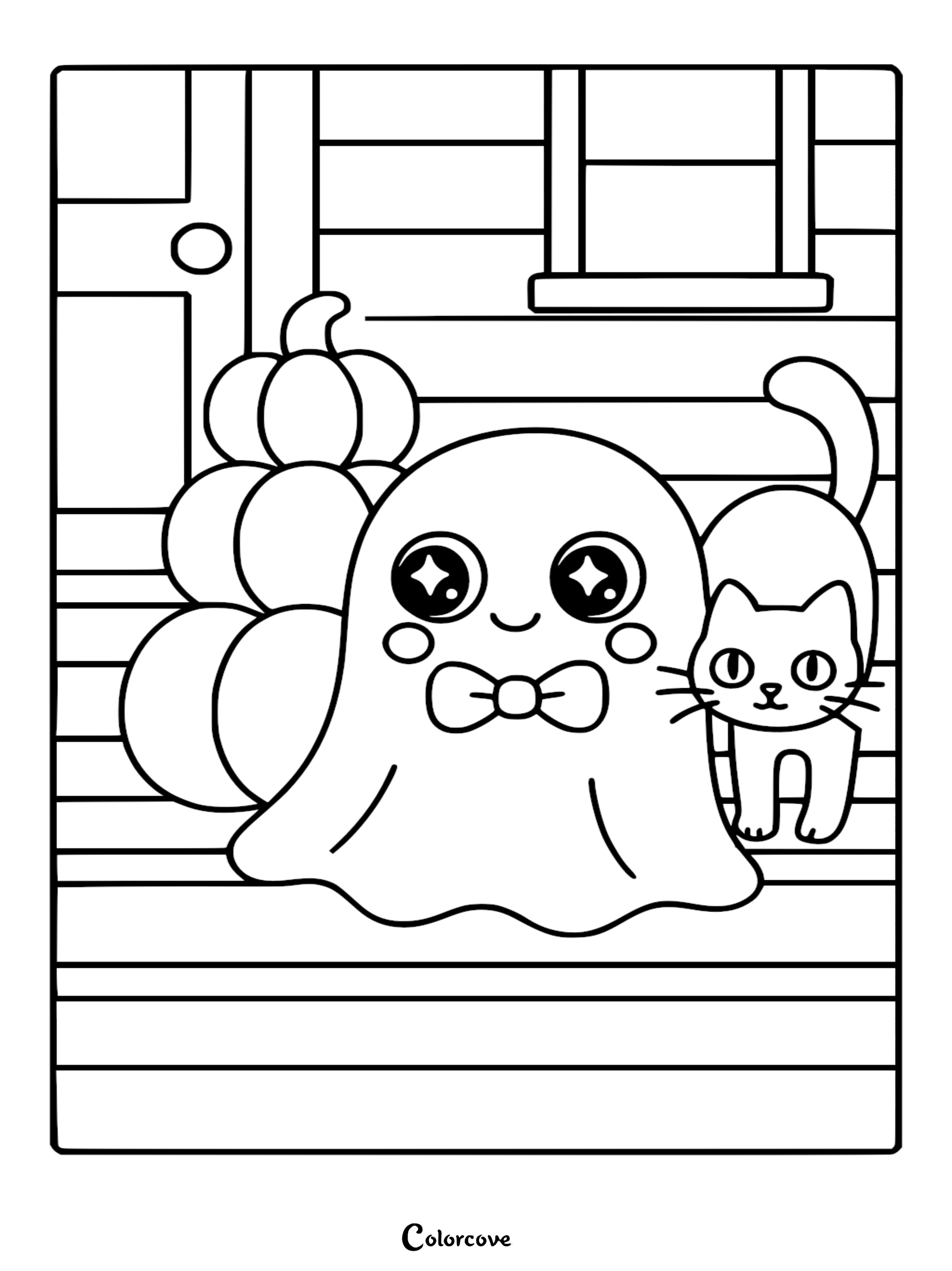 A cute ghost wearing a bowtie sitting next to a kitten and a stack of pumpkins on a porch in this free Halloween coloring page.