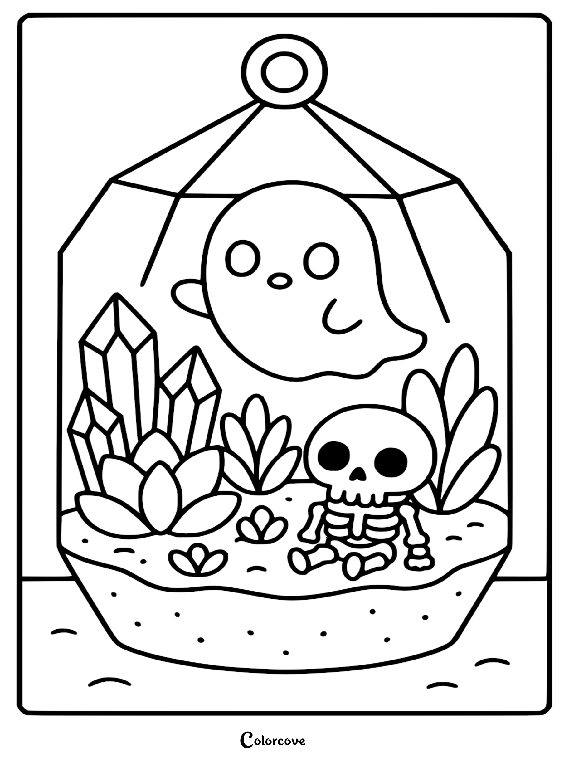 A cute ghost floating inside a hanging glass terrarium with a skeleton, crystals, and succulent plants in this printable coloring page.