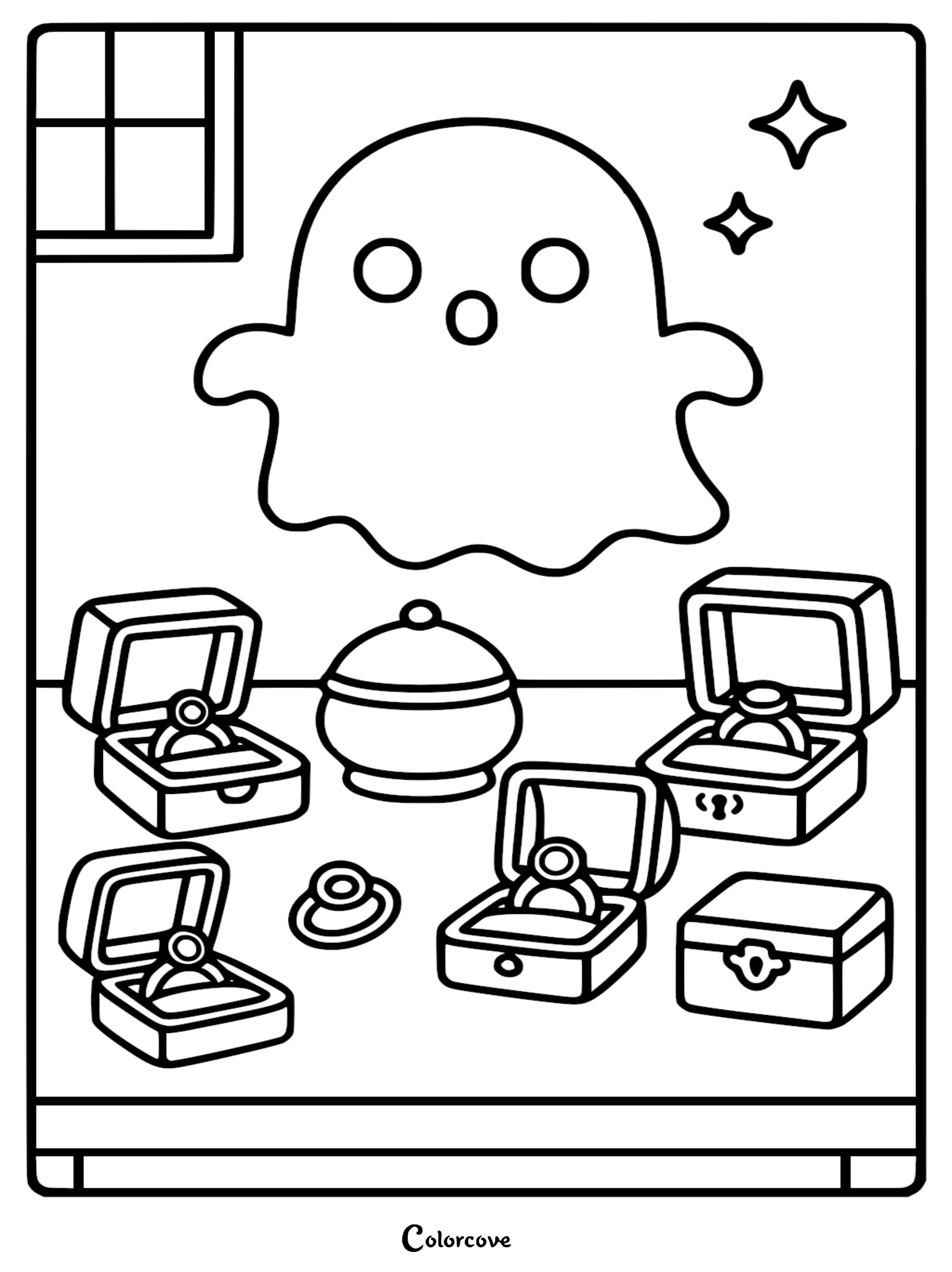 A printable coloring page featuring a cute ghost hovering over a table filled with open jewelry boxes, rings, and a trinket jar near a window.