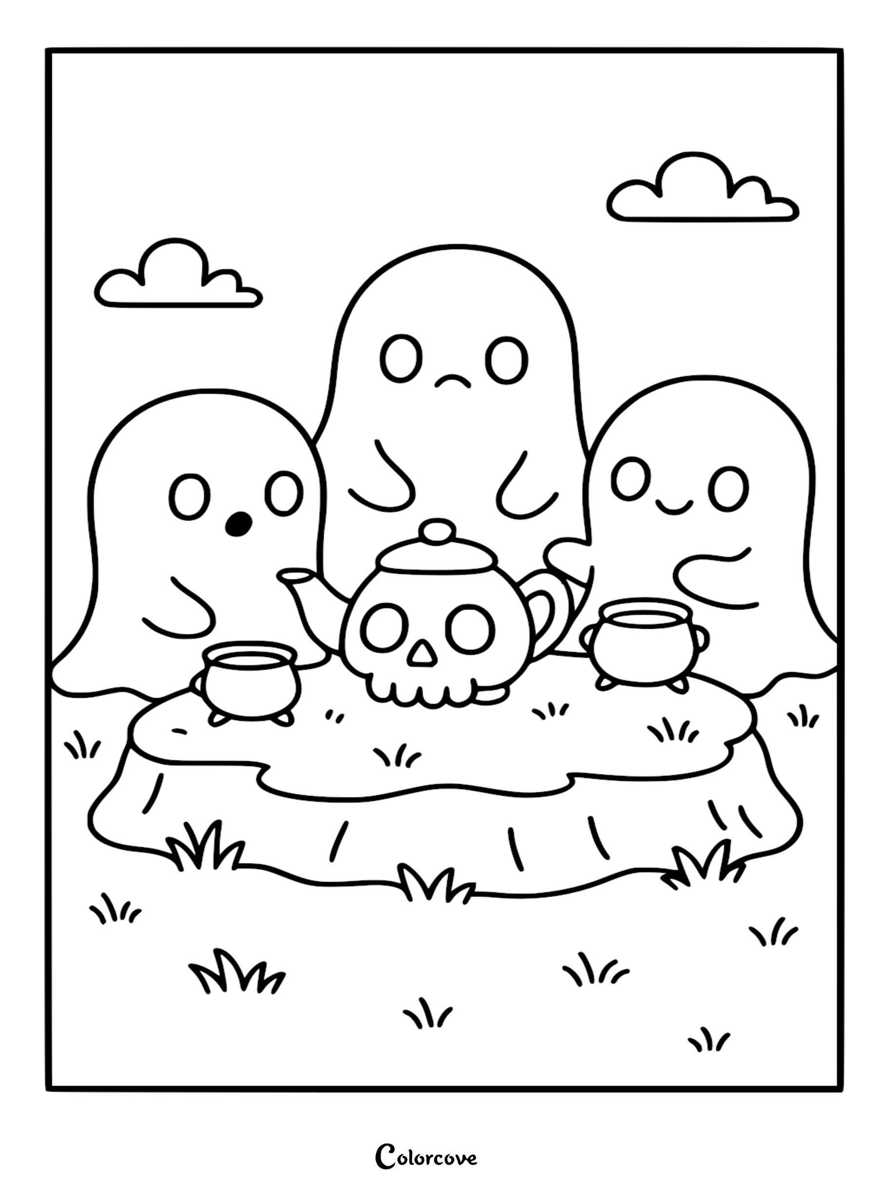 A printable coloring page featuring three cute ghosts sitting around a tree stump with a skull-shaped teapot and two tiny cauldrons.