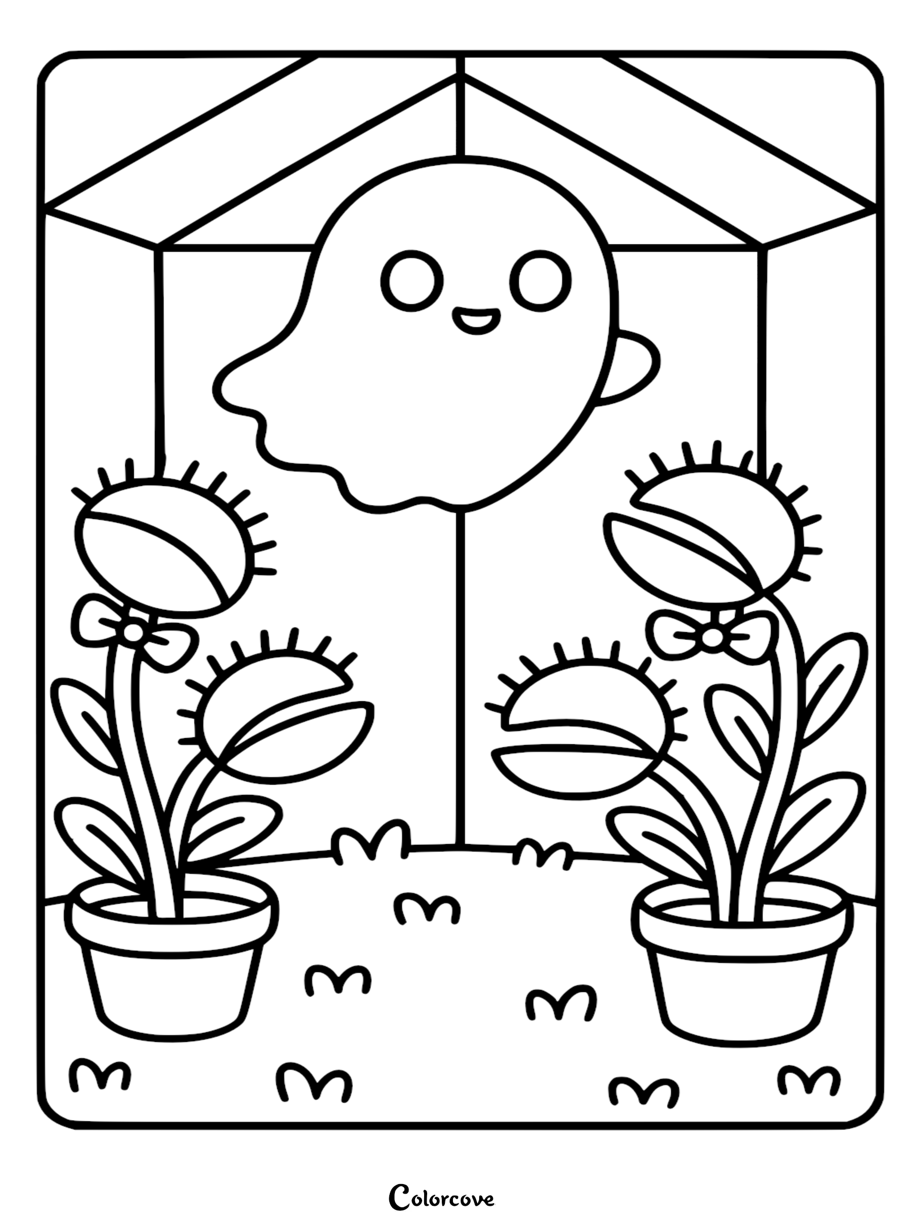 A cute ghost floating inside a glass greenhouse with two potted Venus flytraps wearing bowties, outline style coloring page.