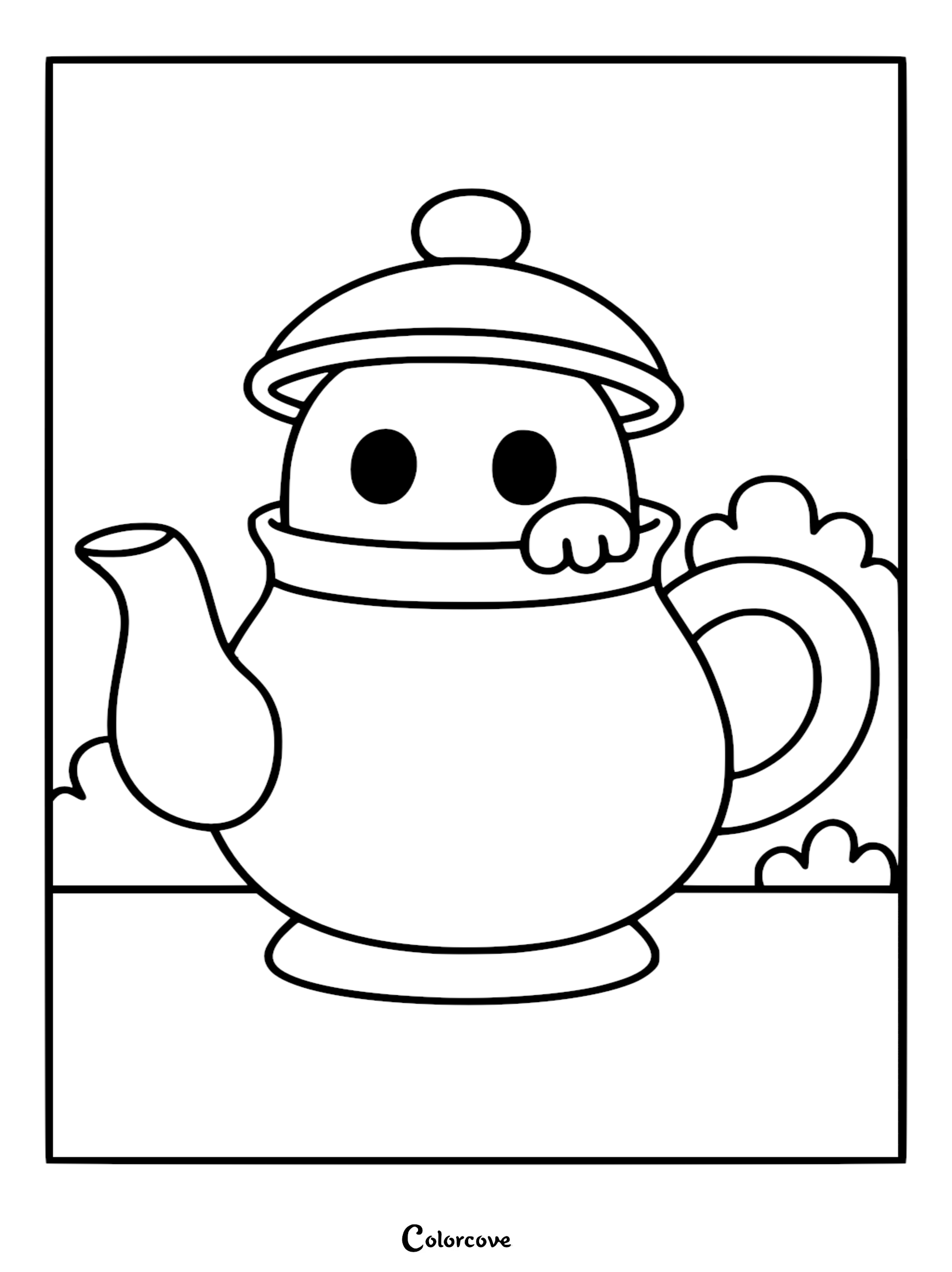 A cute ghost with round black eyes peeking out from inside a round porcelain teapot, printable coloring page.