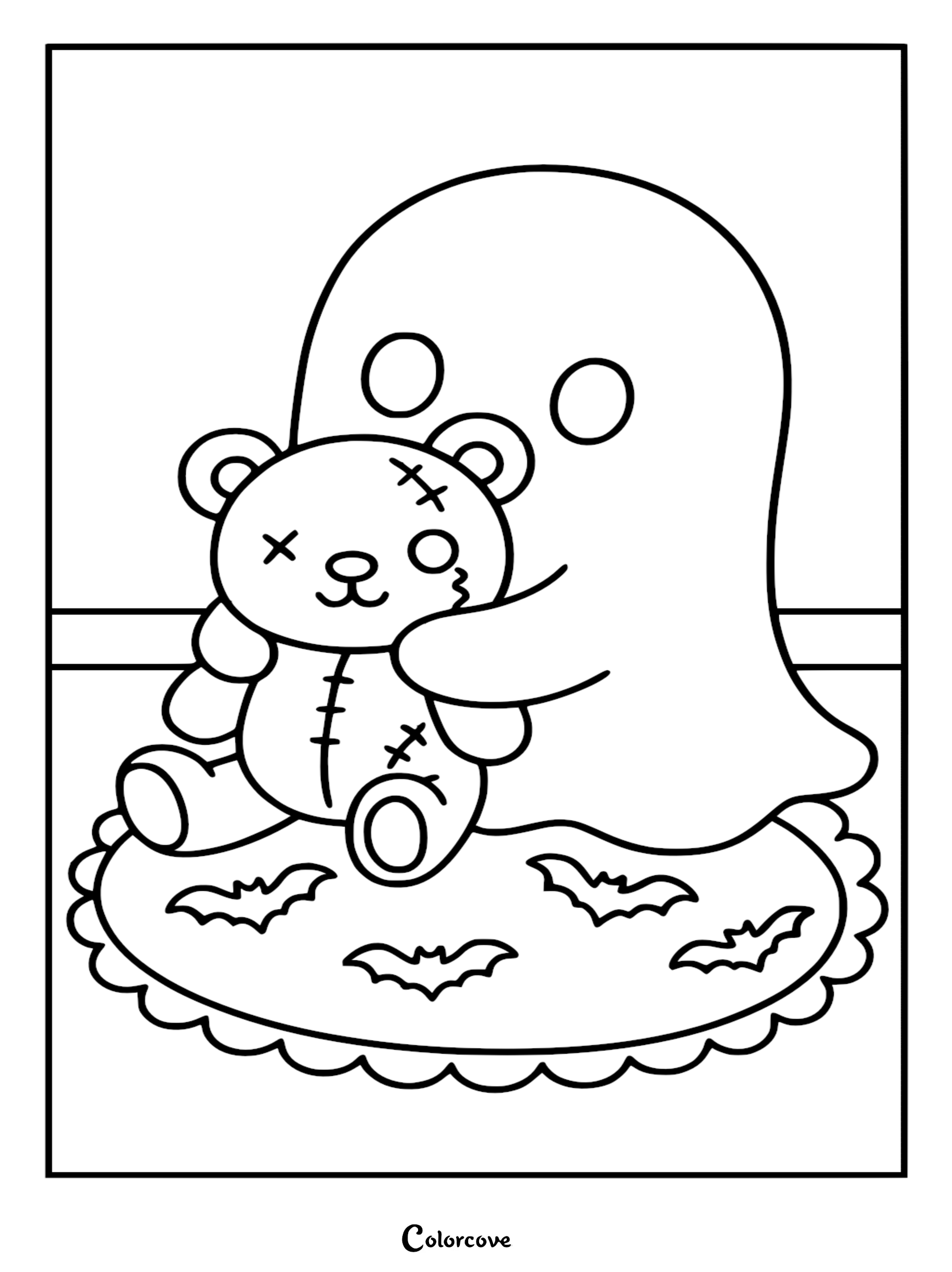 A printable coloring page featuring a cute ghost sitting on a bat-patterned rug while hugging a stitched teddy bear with X-shaped eyes.