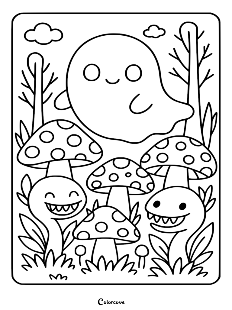 A friendly cute ghost floating above spotted mushrooms and smiling plant creatures in a forest coloring page.