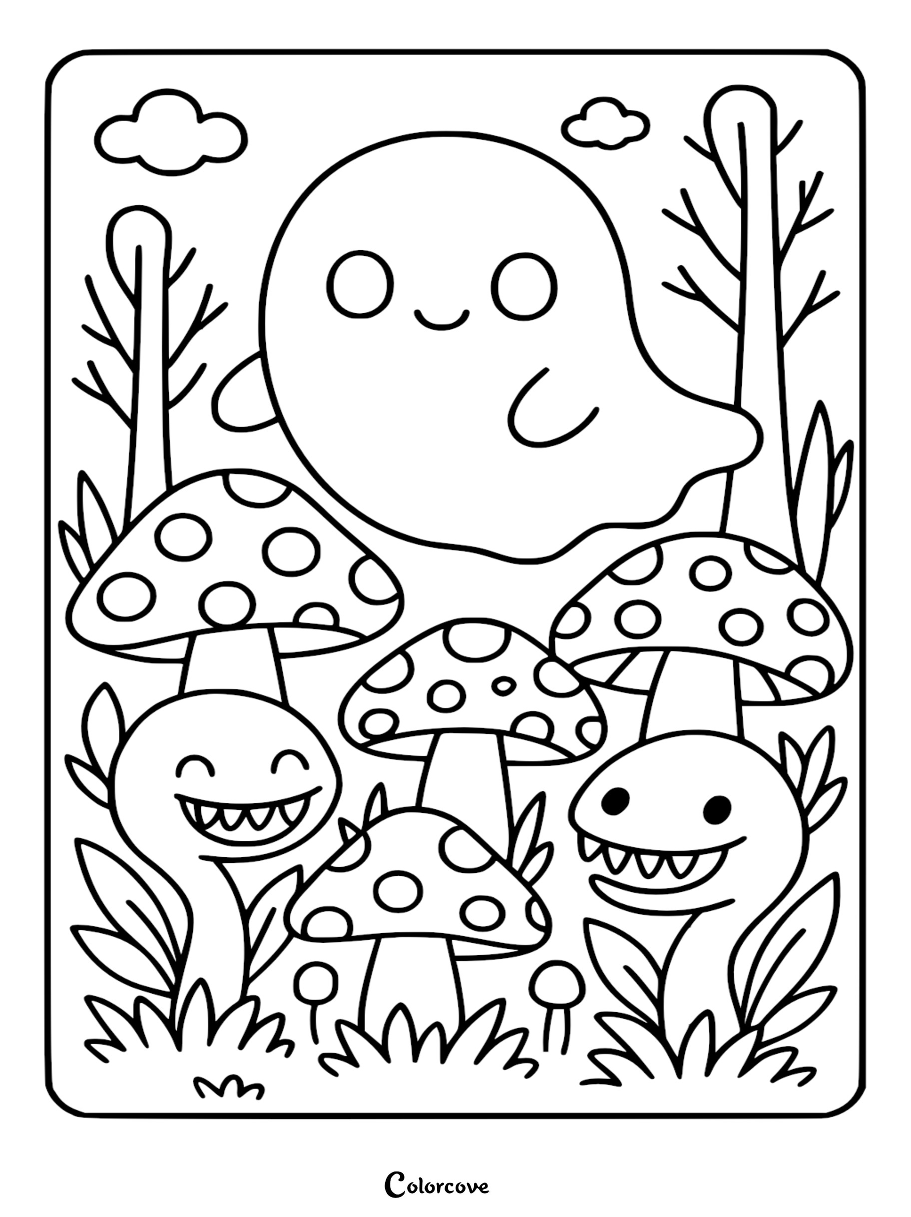 A friendly cute ghost floating above spotted mushrooms and smiling plant creatures in a forest coloring page.