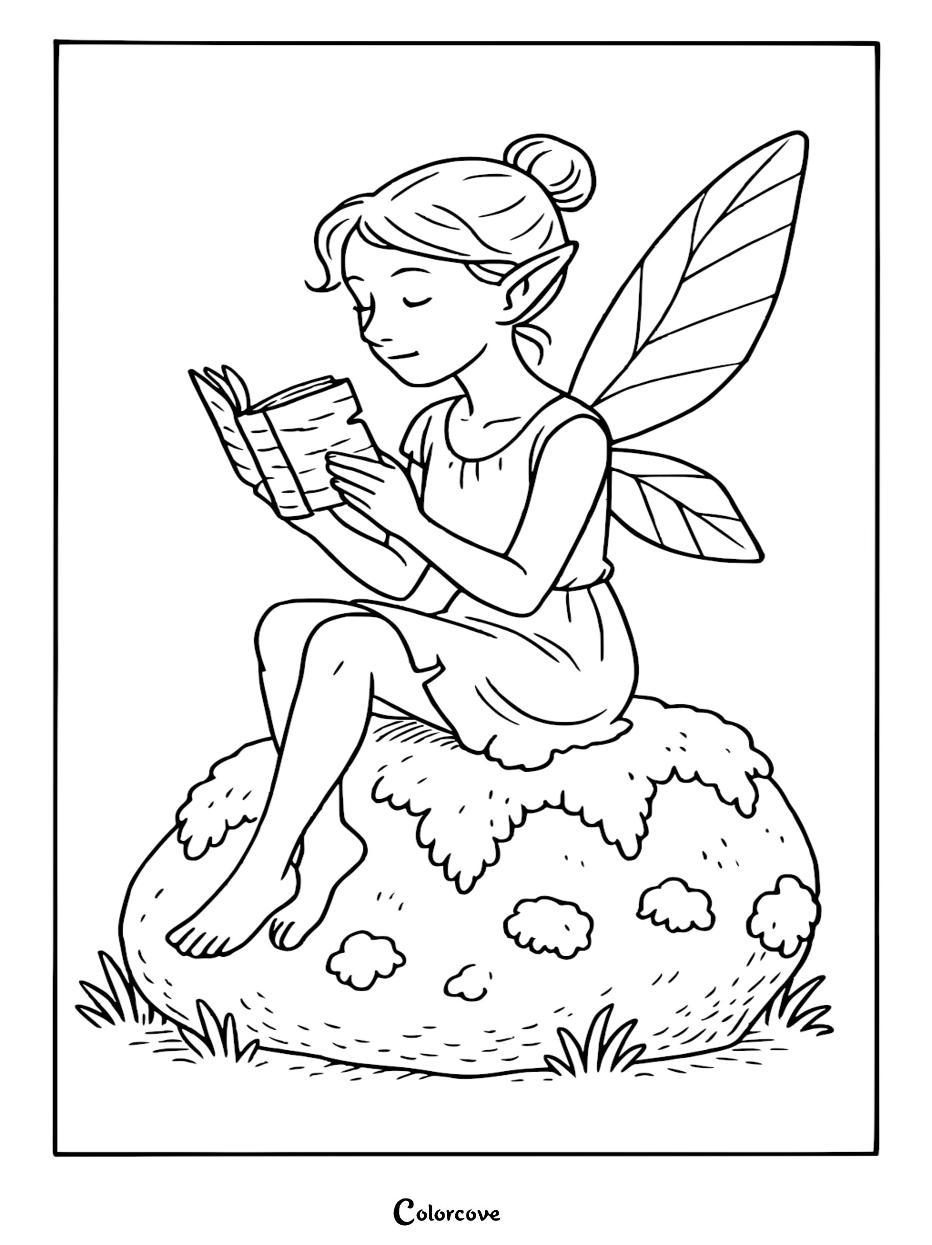A young fairy with a hair bun and pointed ears sitting on a mossy mushroom reading a small book in this printable coloring page.