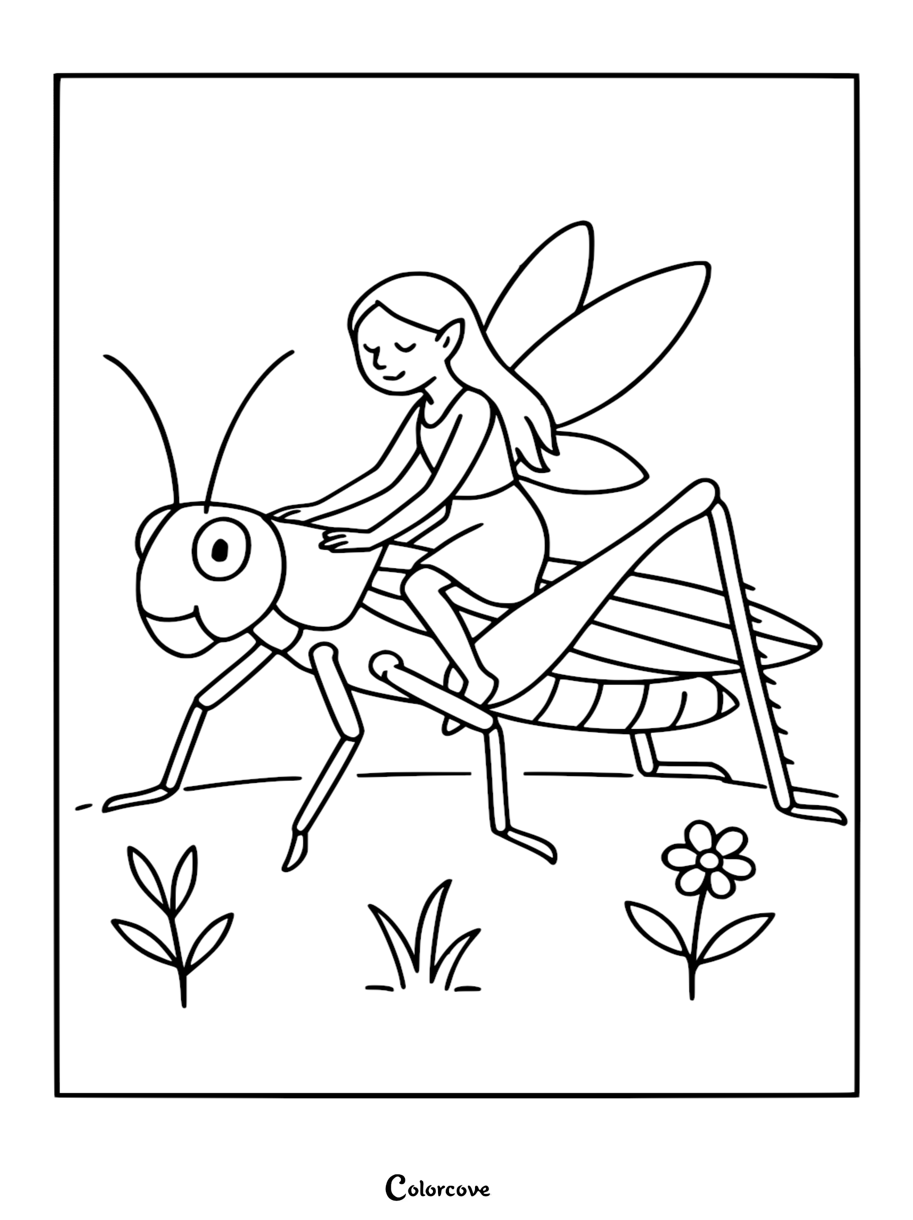 A cute fairy with wings sitting on the back of a large friendly grasshopper in a meadow, printable coloring page.