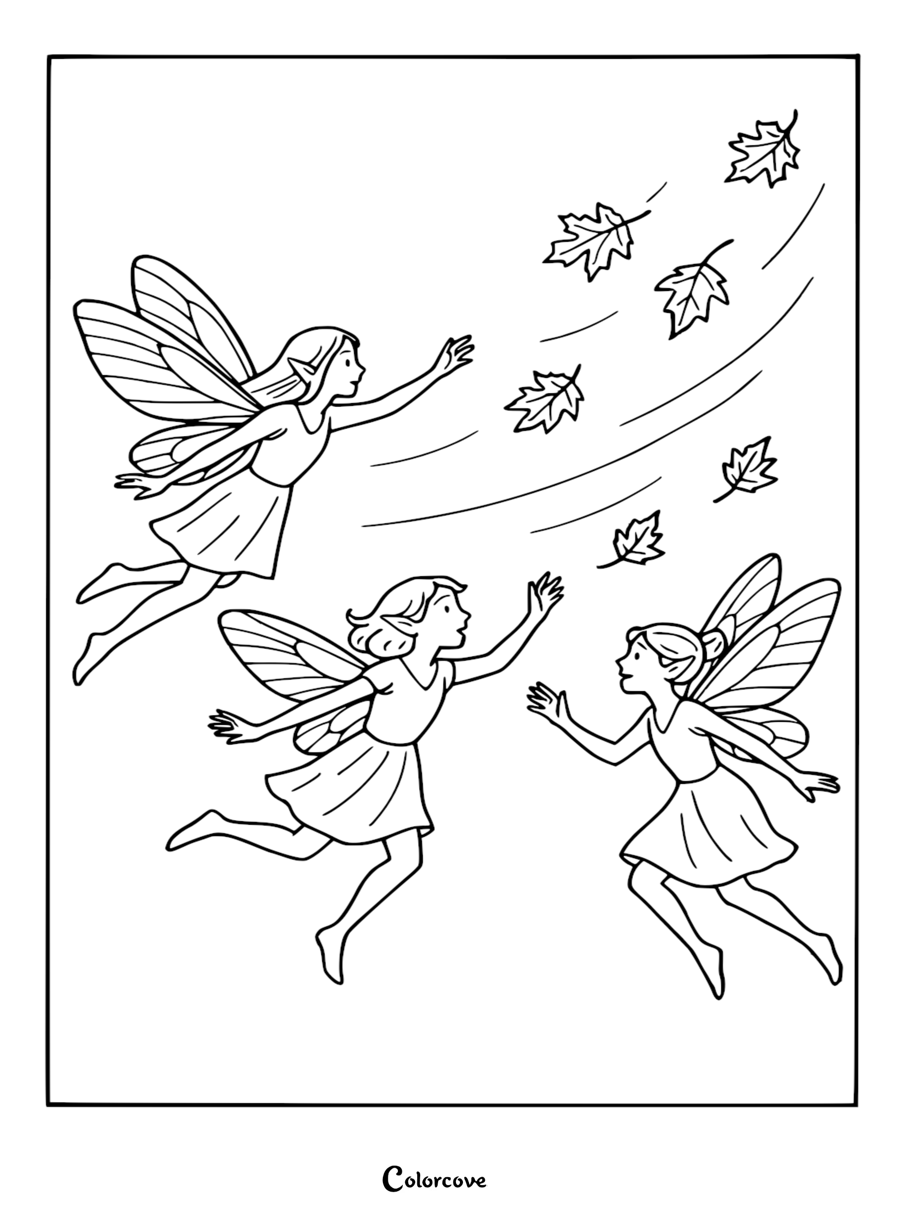 Three fairies with pointed ears and delicate wings flying and reaching for falling autumn leaves in this printable coloring page.