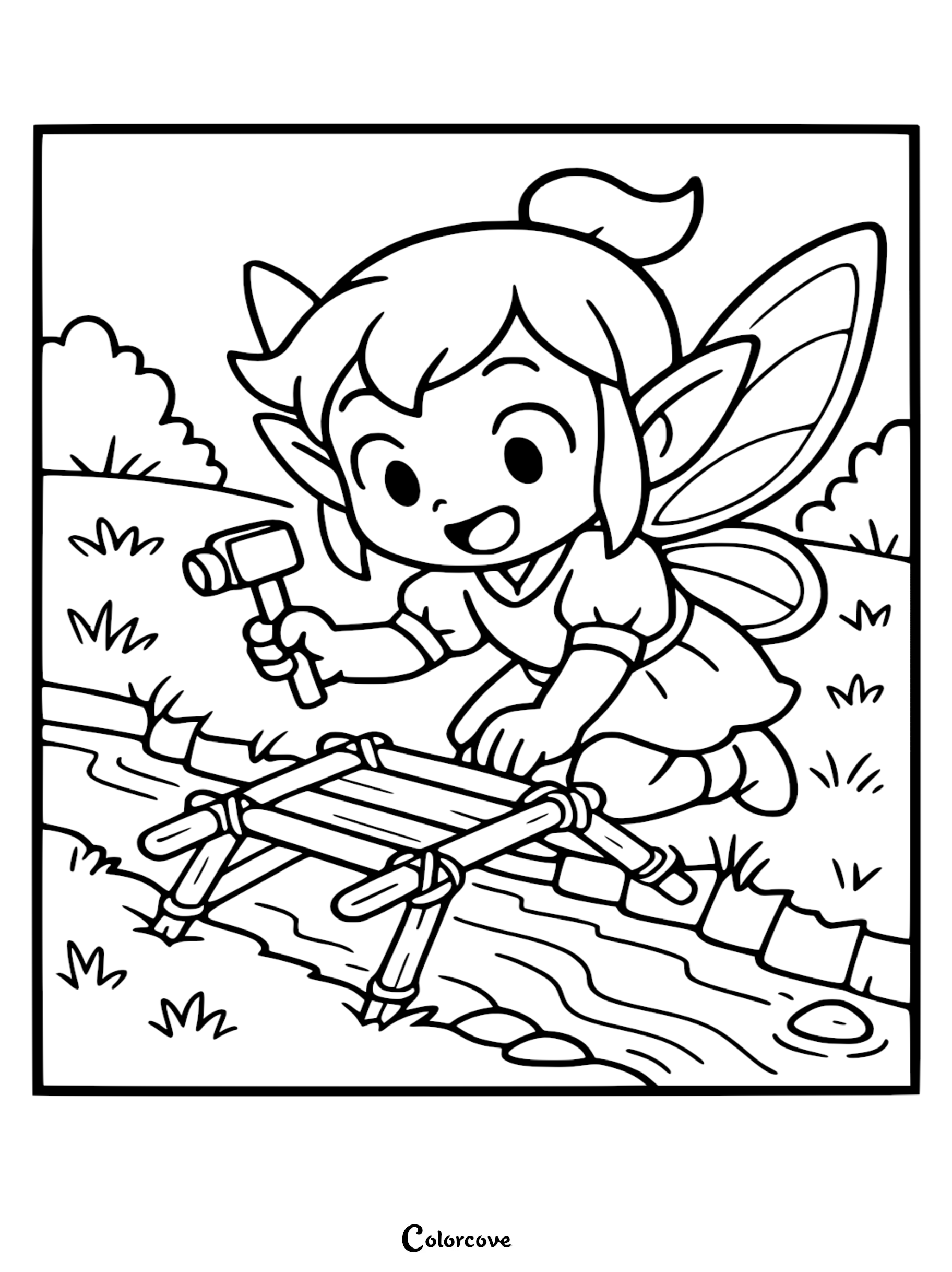 Tinker Bell holding a small hammer while repairing a wooden bridge over a stream in this free printable coloring page.