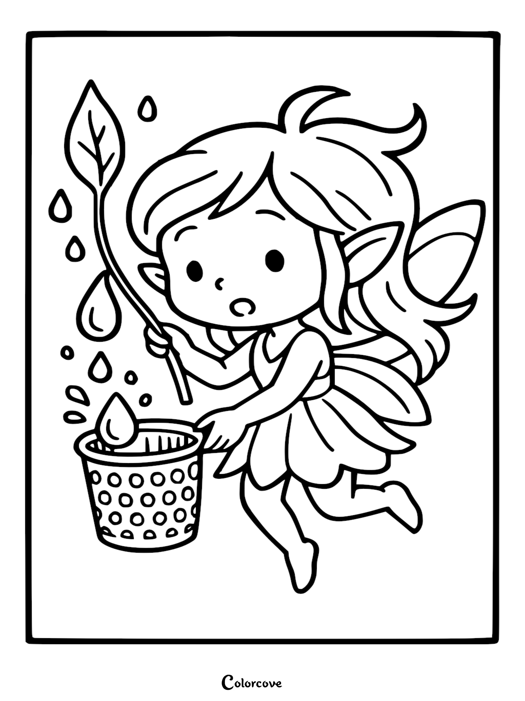 A cute fairy holding a leaf to collect falling raindrops into a thimble, printable coloring page for kids.