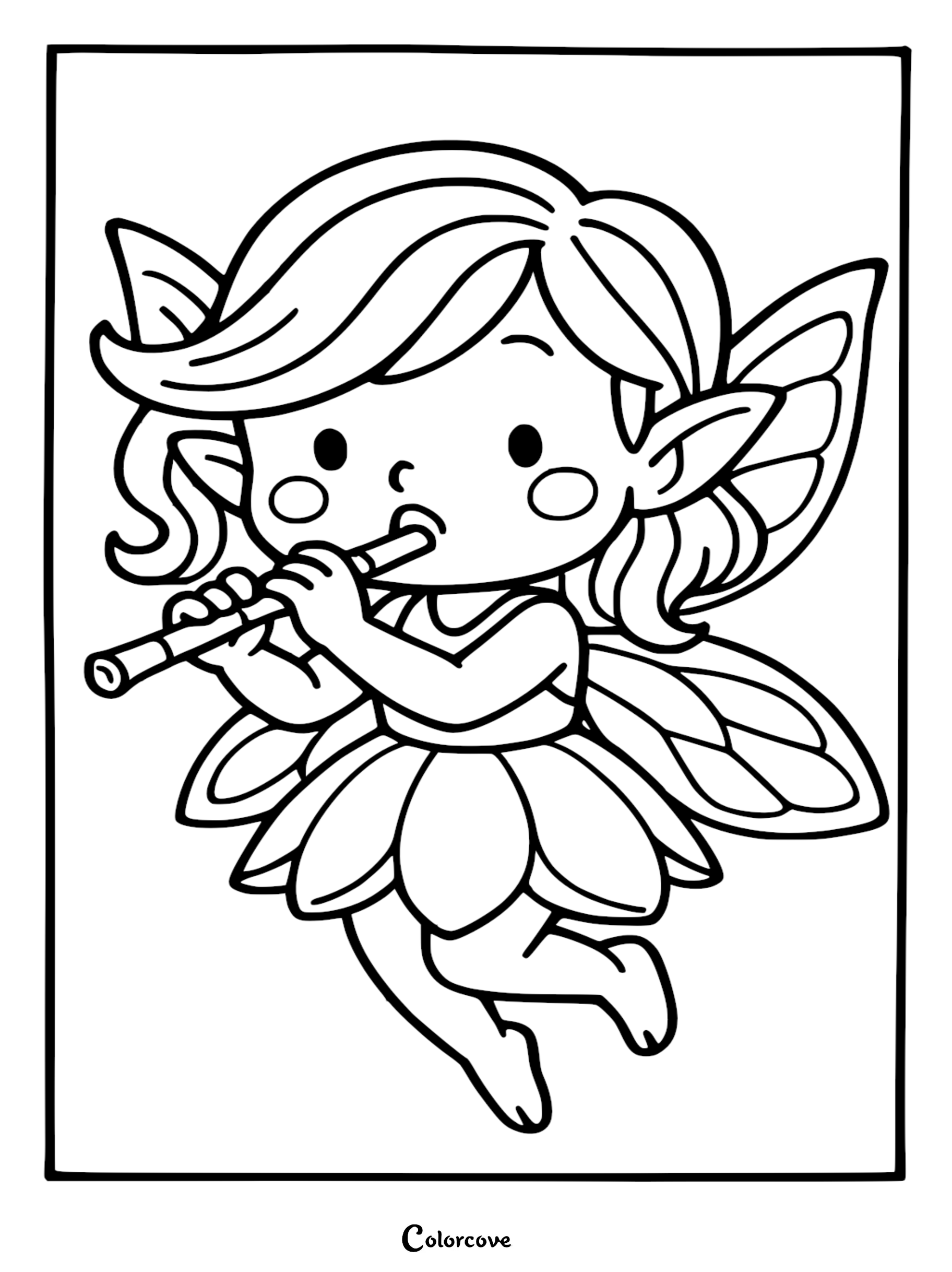 A cute chibi fairy with large wings and a petal skirt playing a wooden flute in this printable coloring page.