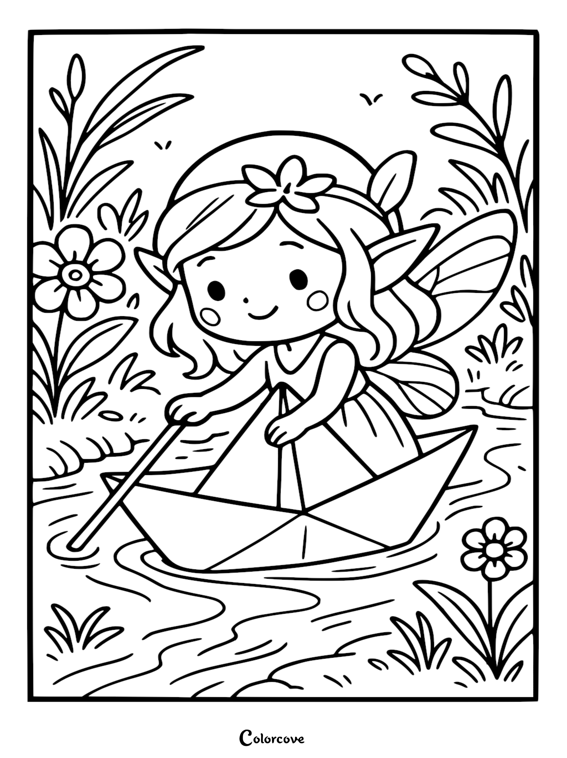 A cute fairy with a flower headband rowing a paper boat on a stream in this free printable coloring page.