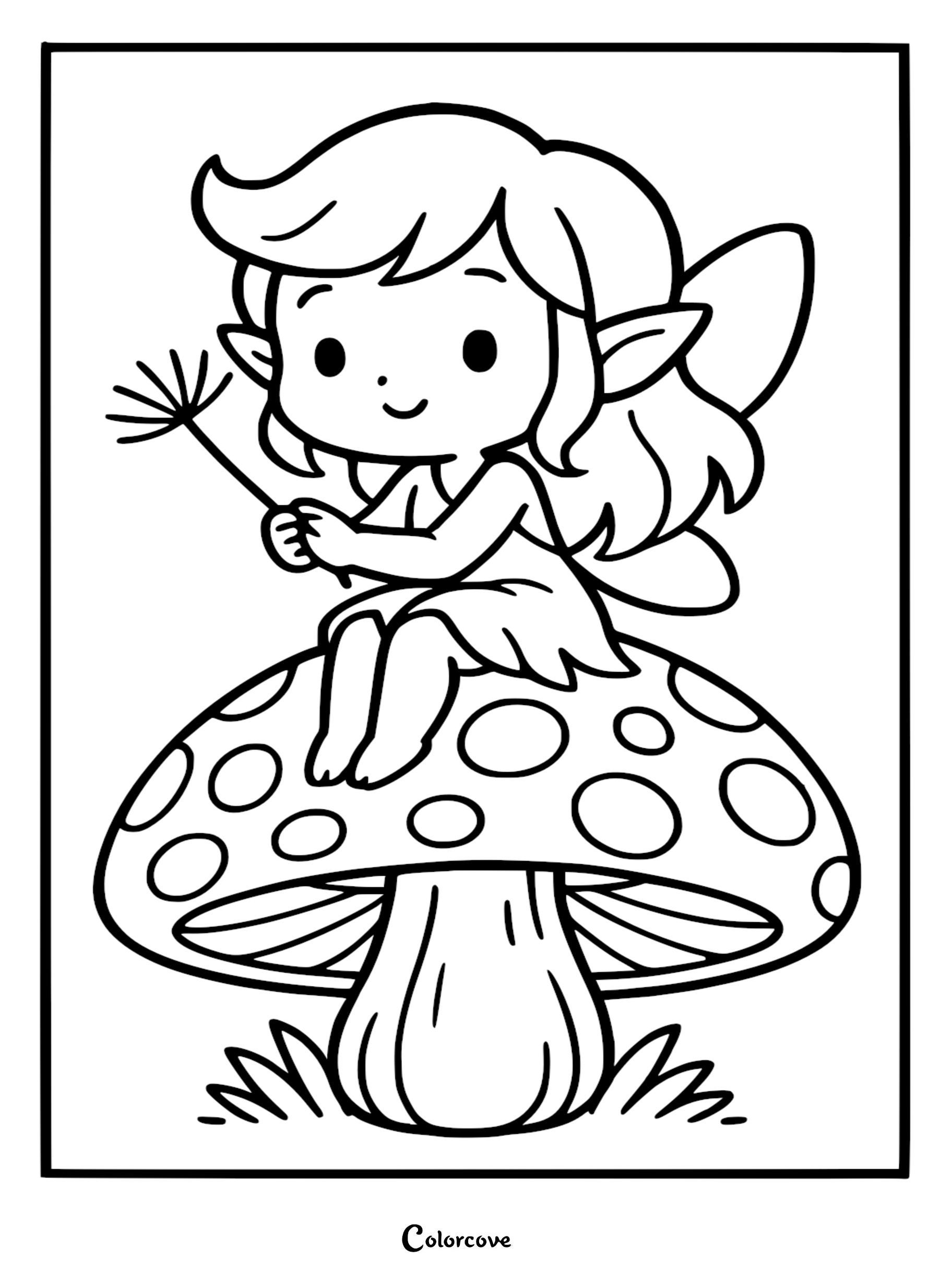 A cute fairy with wavy hair and wings sitting on a spotted mushroom holding a dandelion, printable coloring page.