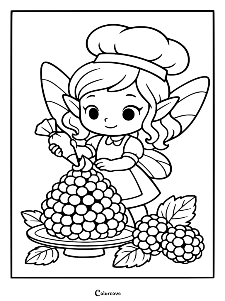 A cute fairy wearing a chef hat using a piping bag to decorate a large raspberry dessert on a plate, printable coloring page.