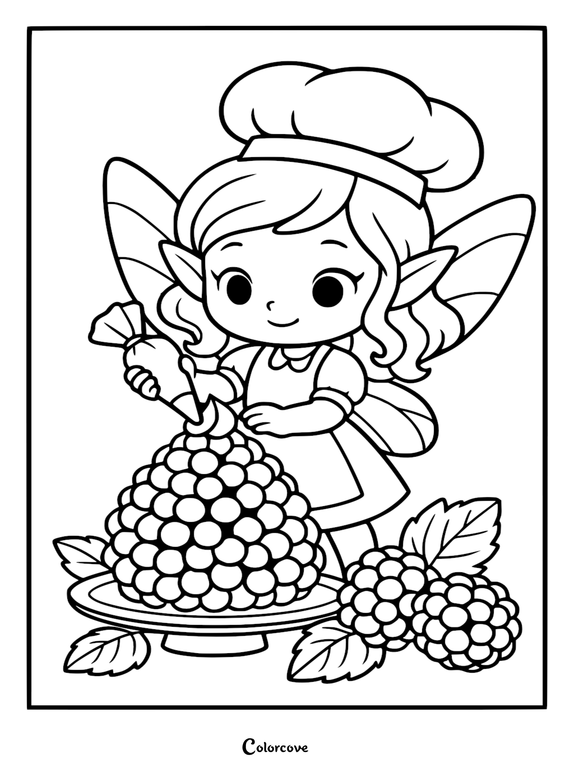 A cute fairy wearing a chef hat using a piping bag to decorate a large raspberry dessert on a plate, printable coloring page.