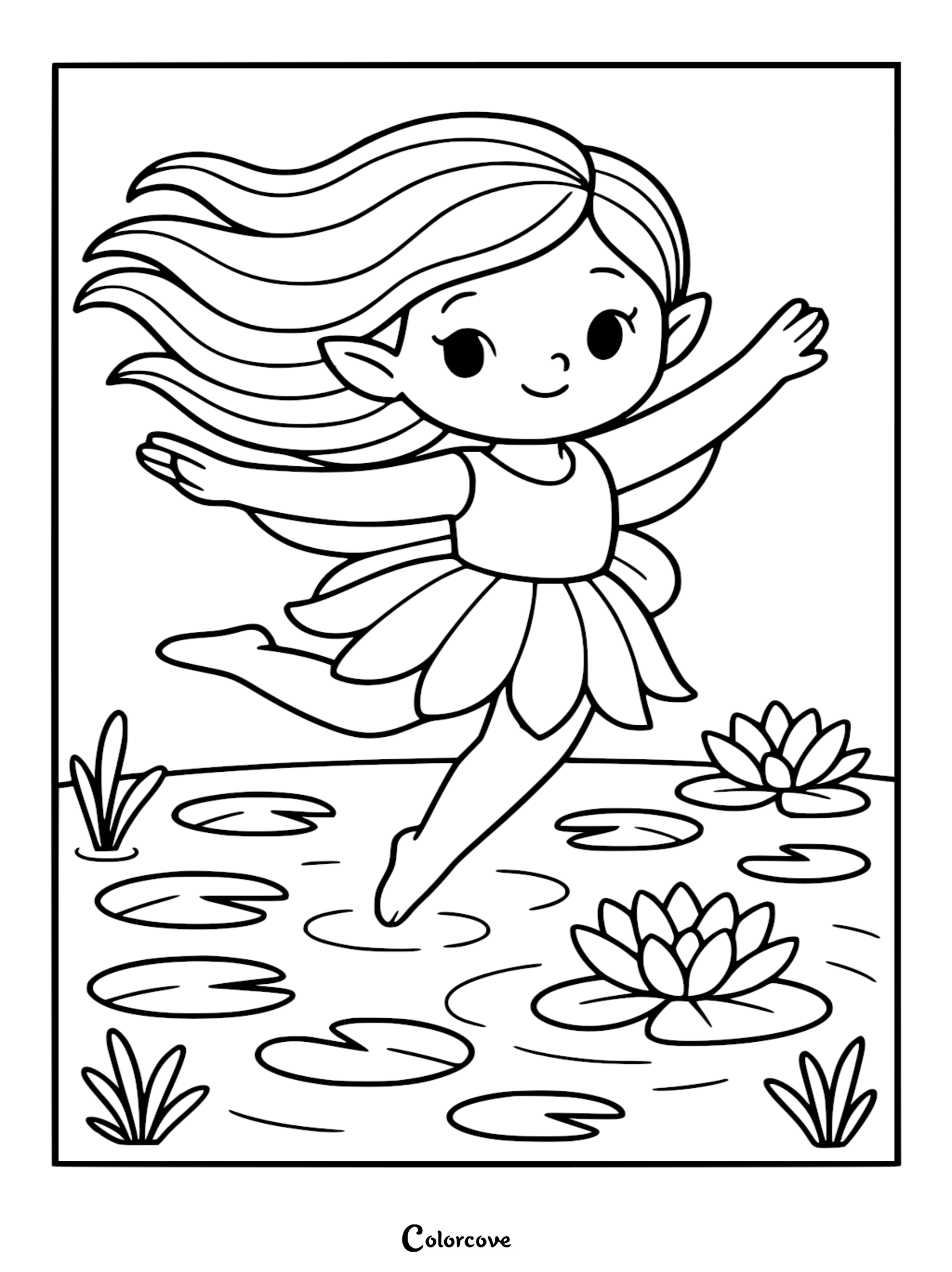 A cute fairy with long flowing hair dancing above a pond with lily pads and water lilies in this printable coloring page.