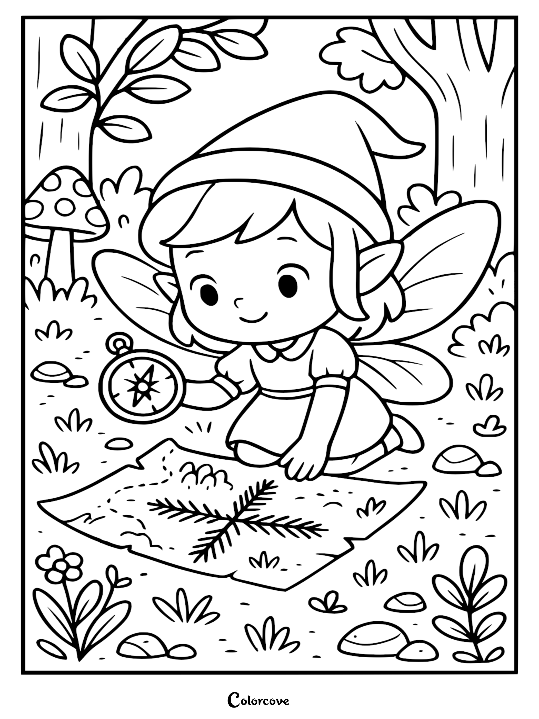 A cute fairy wearing a pointed hat kneeling in a forest, examining a treasure map with a compass, coloring page.