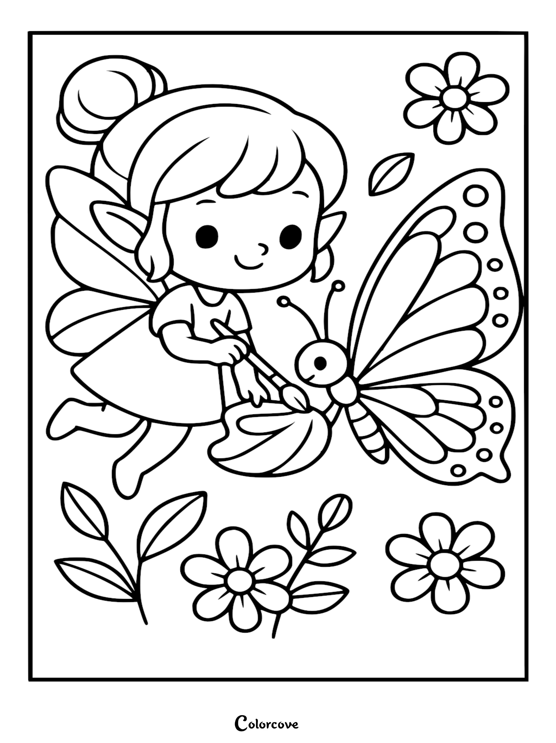 A cute chibi fairy with a hair bun using a paintbrush to color the wings of a large butterfly in a garden setting, printable coloring page.
