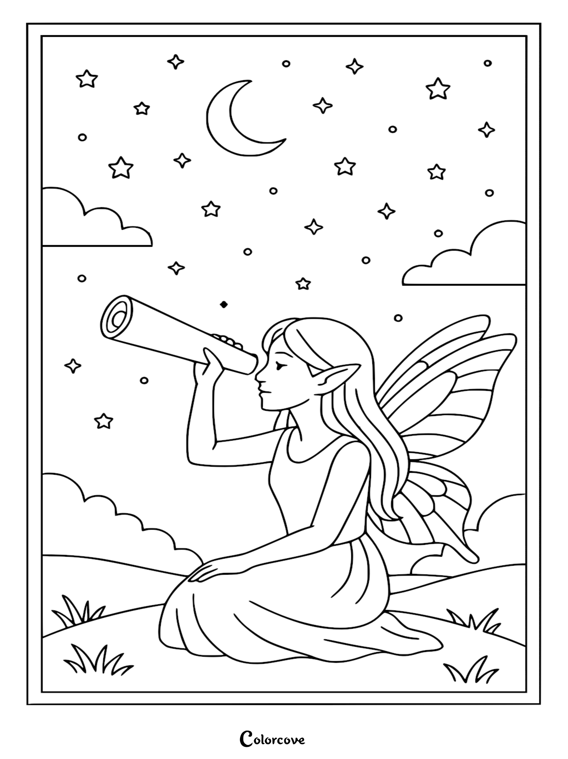 A fairy with long hair and wings kneeling on a grassy hill looking through a telescope at a night sky filled with stars and a crescent moon in this printable coloring page.